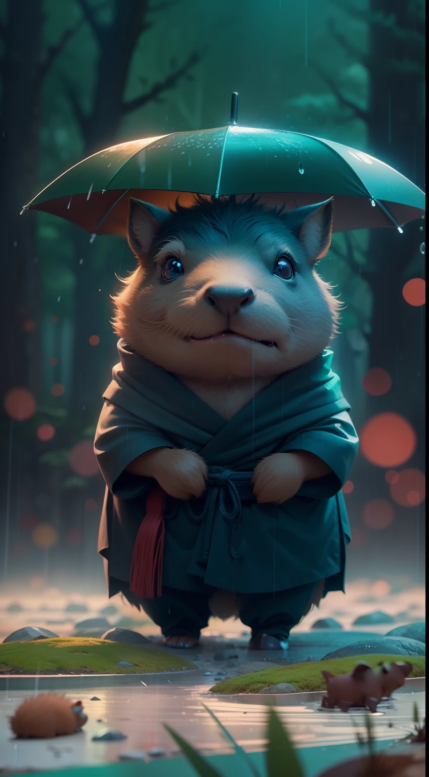 Create a vibrant dark fantasy cute ninja capybara in a clean-lined minimalistic cartoon style, in the background a beautiful forest, rain, octane render, 8k