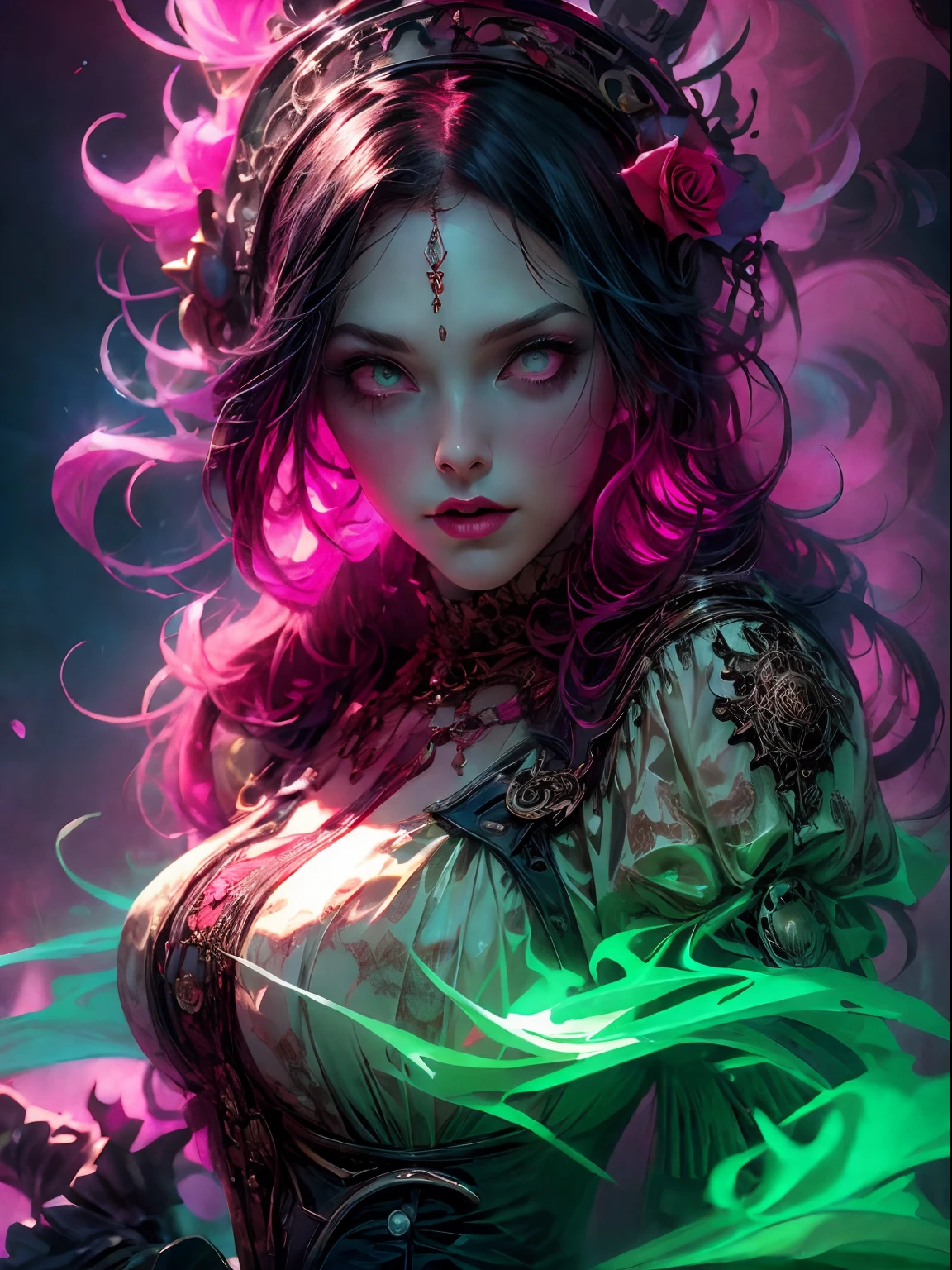 HighestQuali，tmasterpiece：1.2，Detailed details，4k realistic Roman mythology, Kizi, Halloween dress up，Steampunk Gothic Victorian style, deep colour, psychology, surrealism, Sublimation, subconscious, Emotions, enthusiasm, In pink、White and red details, rose flower background，Green smoke from hair, Blue smoke background, Soft red and blue light,