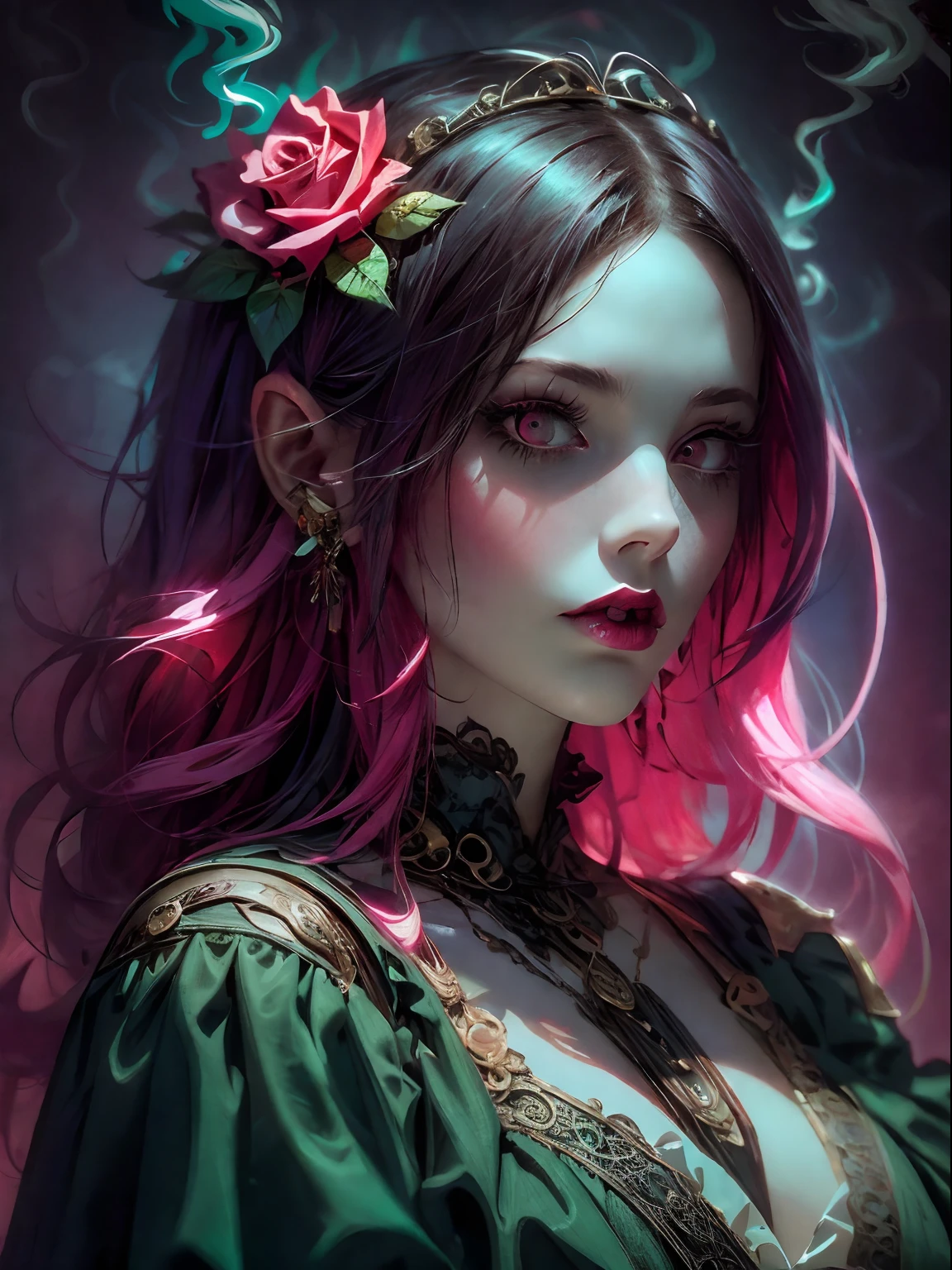 HighestQuali,tmasterpiece:1.2,Detailed details,4k realistic Roman mythology, Kizi, Halloween dress up,Steampunk Gothic Victorian style, deep colour, psychology, surrealism, Sublimation, subconscious, Emotions, enthusiasm, In pink、White and red details, rose flower background,Green smoke from hair, Blue smoke background, Soft red and blue light,