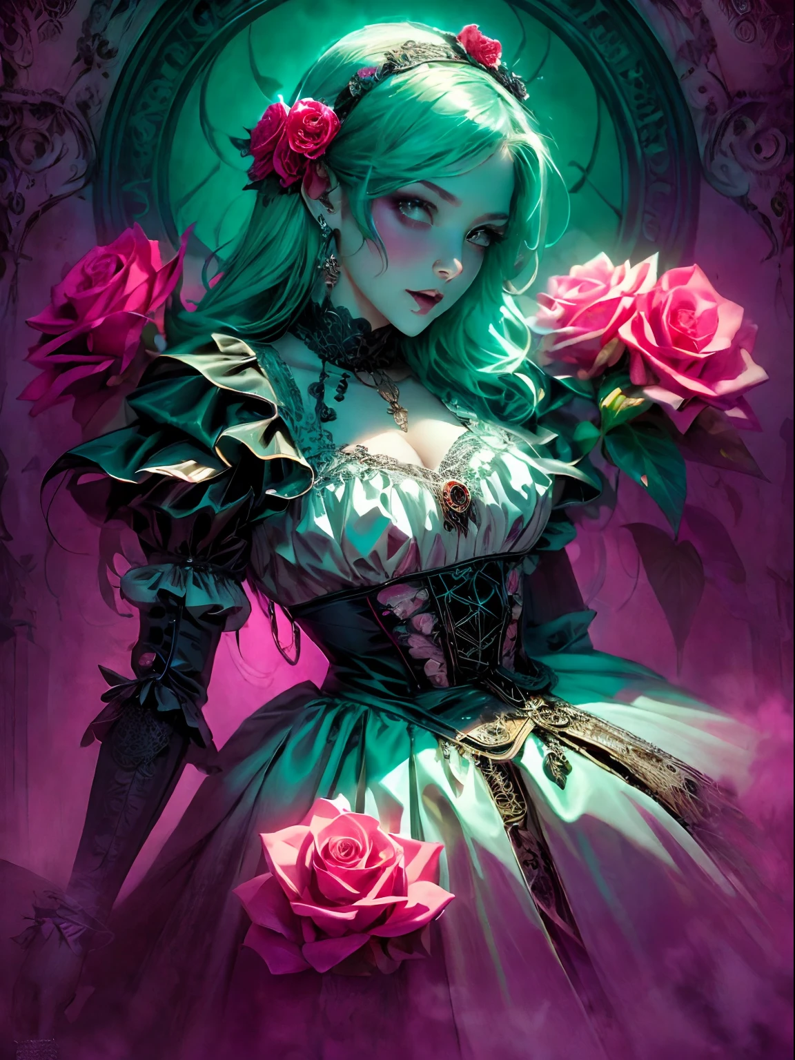 HighestQuali,tmasterpiece:1.2,Detailed details,4k realistic Roman mythology, Kizi, Halloween dress up,Steampunk Gothic Victorian style, deep colour, psychology, surrealism, Sublimation, subconscious, Emotions, enthusiasm, In pink、white colors、green color、Blue and red details, rose flower background