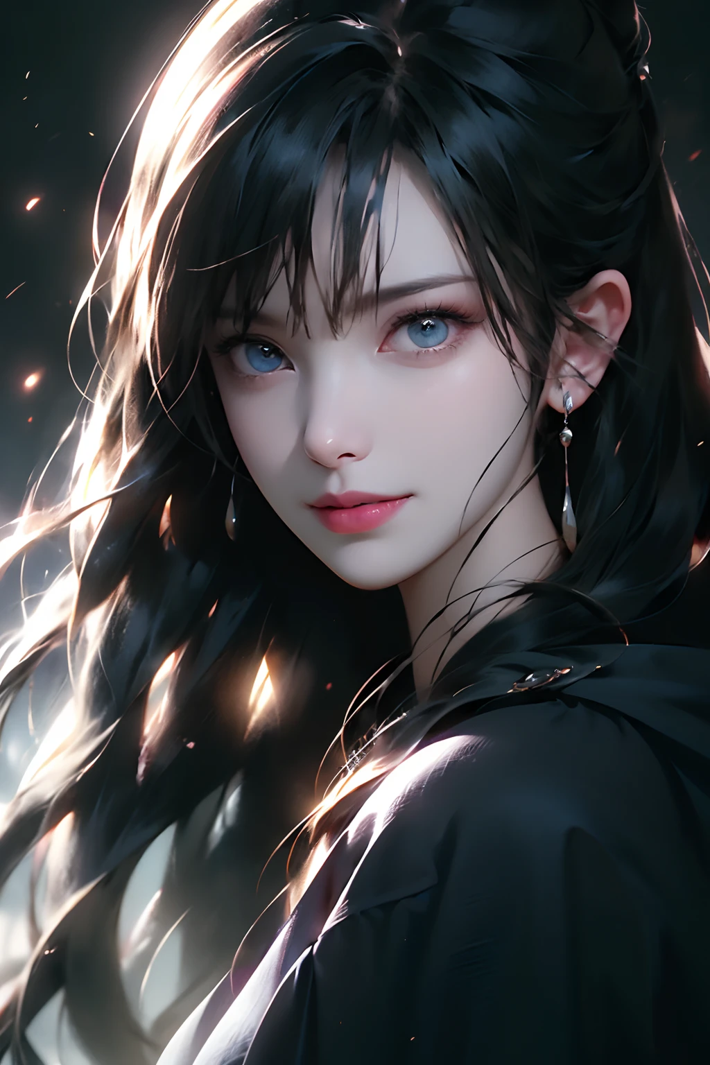 (Ultra Realistic), (Illustration), (Increased Resolution), (8K), (Extremely Detailed), (Best Illustration), (Beautiful and Detailed Eyes), (Best Quality), (Ultra Detailed), (Masterpiece ), ( wallpaper), (detailed face), solo, 1 girl, looking at viewer, fine details, detailed face, in the dark, deep shadows, low key, pureerosfaceace_v1, smiling, long hair, black shawl straight hair , 46 points oblique bangs