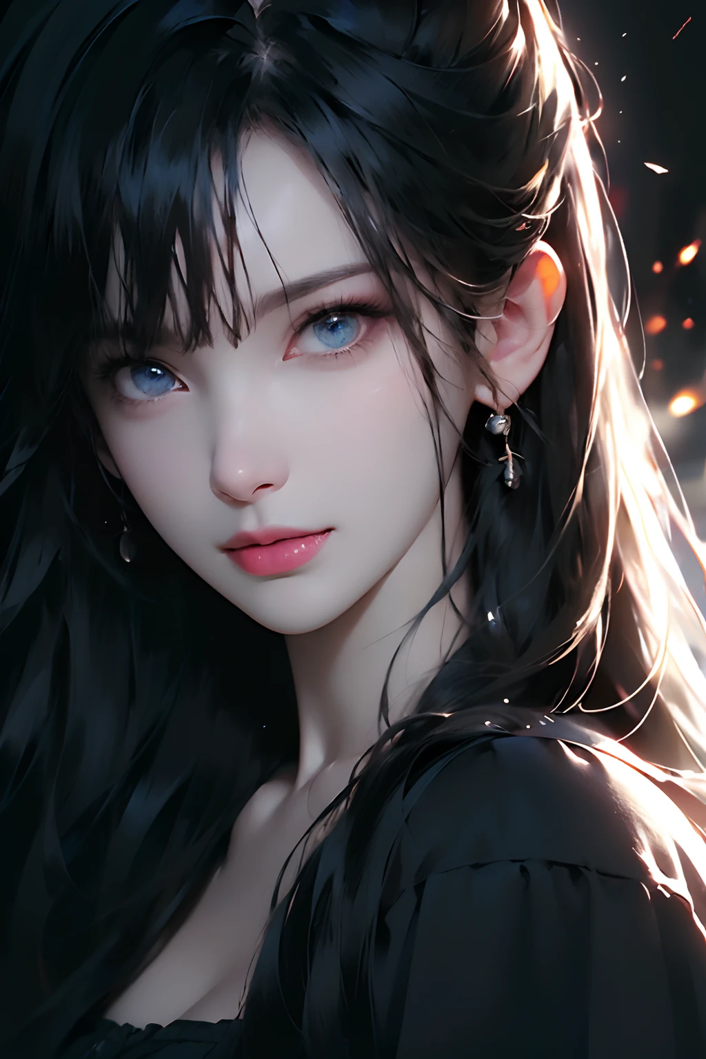 (Ultra Realistic), (Illustration), (Increased Resolution), (8K), (Extremely Detailed), (Best Illustration), (Beautiful and Detailed Eyes), (Best Quality), (Ultra Detailed), (Masterpiece ), ( wallpaper), (detailed face), solo, 1 girl, looking at viewer, fine details, detailed face, in the dark, deep shadows, low key, pureerosfaceace_v1, smiling, long hair, black shawl straight hair , 46 points oblique bangs