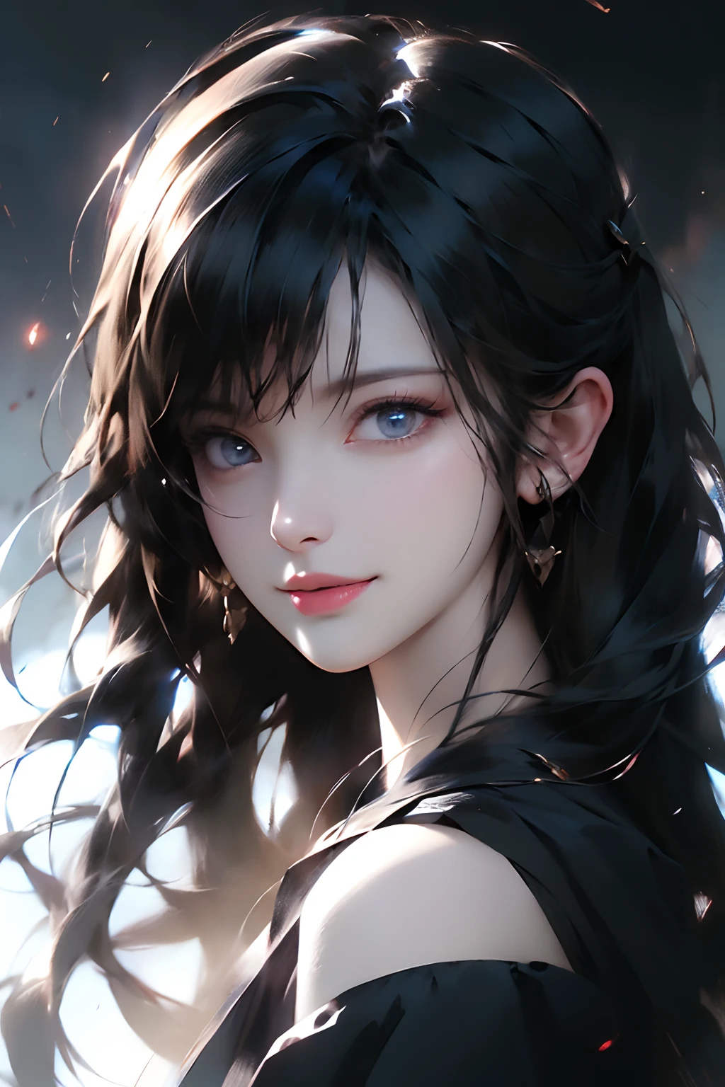 (Ultra Realistic), (Illustration), (Increased Resolution), (8K), (Extremely Detailed), (Best Illustration), (Beautiful and Detailed Eyes), (Best Quality), (Ultra Detailed), (Masterpiece ), ( wallpaper), (detailed face), solo, 1 girl, looking at viewer, fine details, detailed face, in the dark, deep shadows, low key, pureerosfaceace_v1, smiling, long hair, black shawl straight hair , 46 points oblique bangs