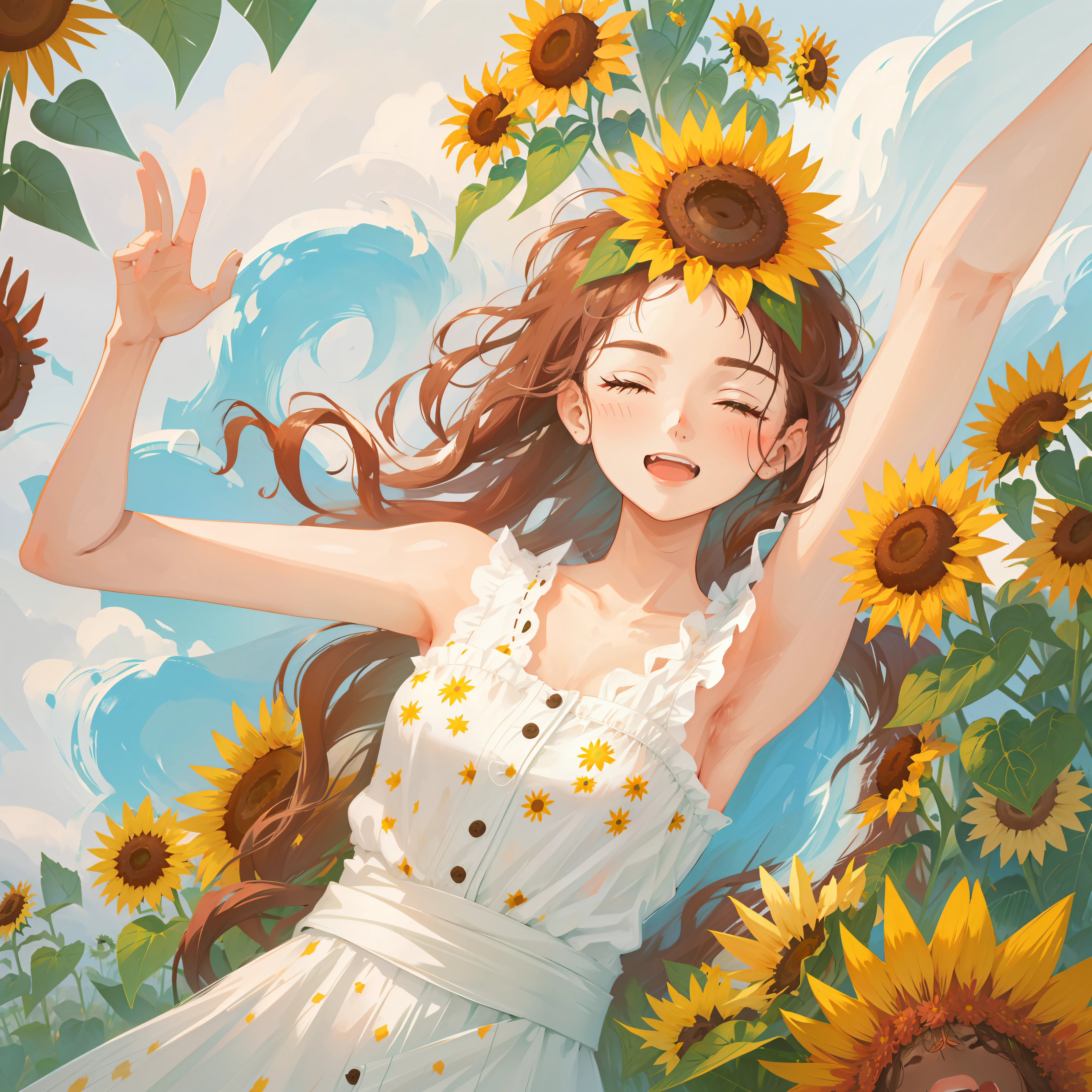 Minimalist illustration, 1girl, solo, flower, closed eyes, smile, blush, floral print, open mouth, long hair, upper body, arm up, dress, shirt, sunflower, armpits, teeth, ^_^