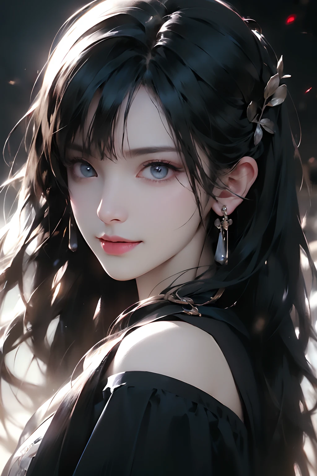 (Ultra Realistic), (Illustration), (Increased Resolution), (8K), (Extremely Detailed), (Best Illustration), (Beautiful and Detailed Eyes), (Best Quality), (Ultra Detailed), (Masterpiece ), ( wallpaper), (detailed face), solo, 1 girl, looking at viewer, fine details, detailed face, in the dark, deep shadows, low key, pureerosfaceace_v1, smiling, long hair, black shawl straight hair , 46 points oblique bangs