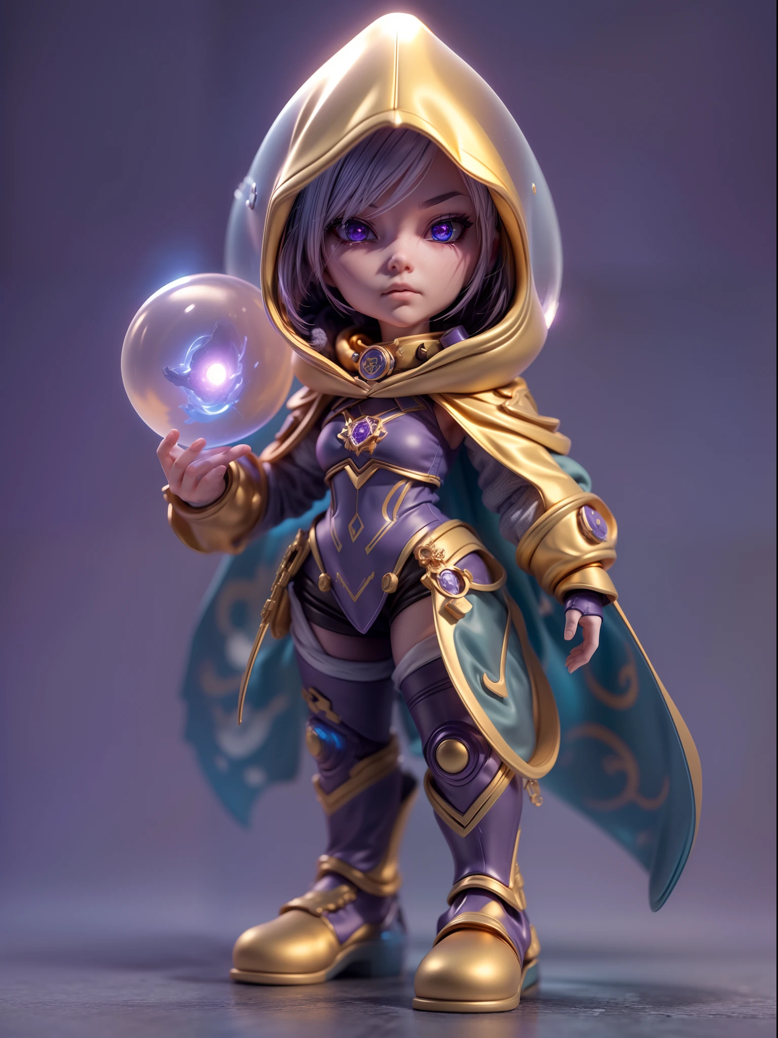 (Blind box toy style:1.3),((Full body shot)) , (1 female mage)(((solo))) plastic armor,Cloth hood,cyberpunk style, dreamy glow, Clean background,gold and purple style,(circular base) ( Global illumination, Ray tracing, hdr, unreal render,reasonable design, high detail, Masterpiece, Best quality, hyper HD, Cinematic lighting)