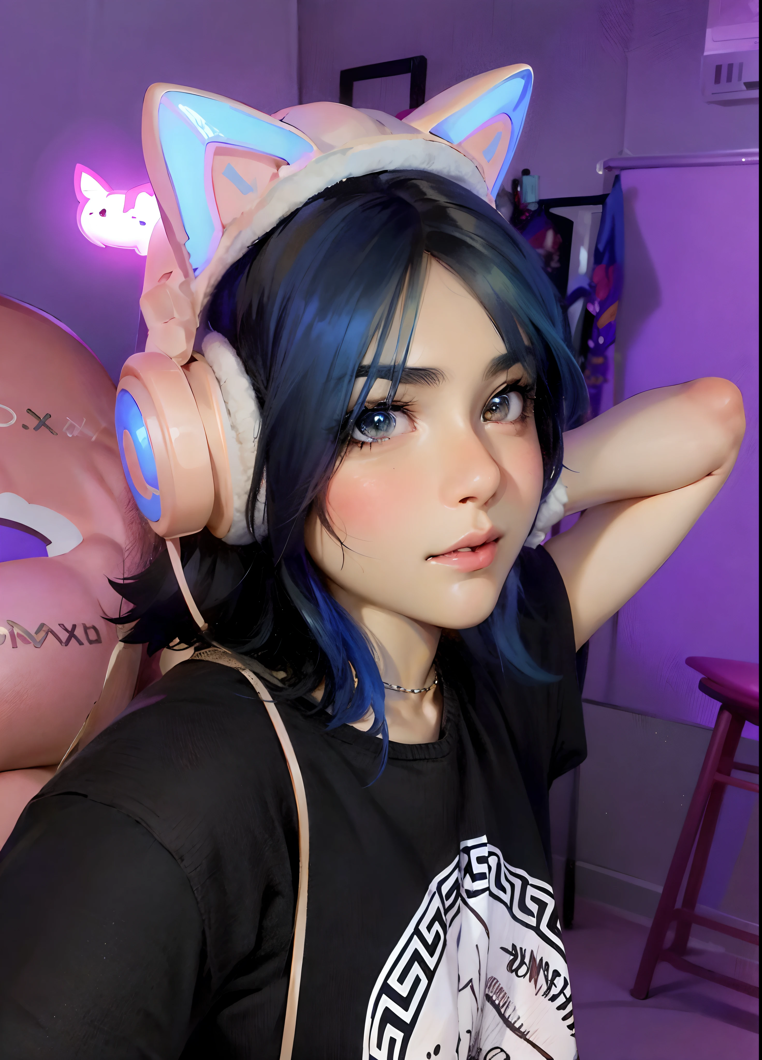 mulher argada com cabelo azul usando fones de ouvido e uma camisa preta, usando fones de ouvido de gato, anime vibes, com orelhas de gato, wearing cybernetic bunny ears, com cabelos azuis, Streamer do Twitch, usando um fone de ouvido para jogos, Inspirado em anime, usando fone de ouvido para jogos, mulher com orelhas de gato, halfbody headshot, gamer aesthetic, e-meninaMenina. Extrdetailed she is sitting on her back in a gaming chair more than to see her face the chair is half facing the camera ( extremamente detalhado) 4K anime traces high quality of detail