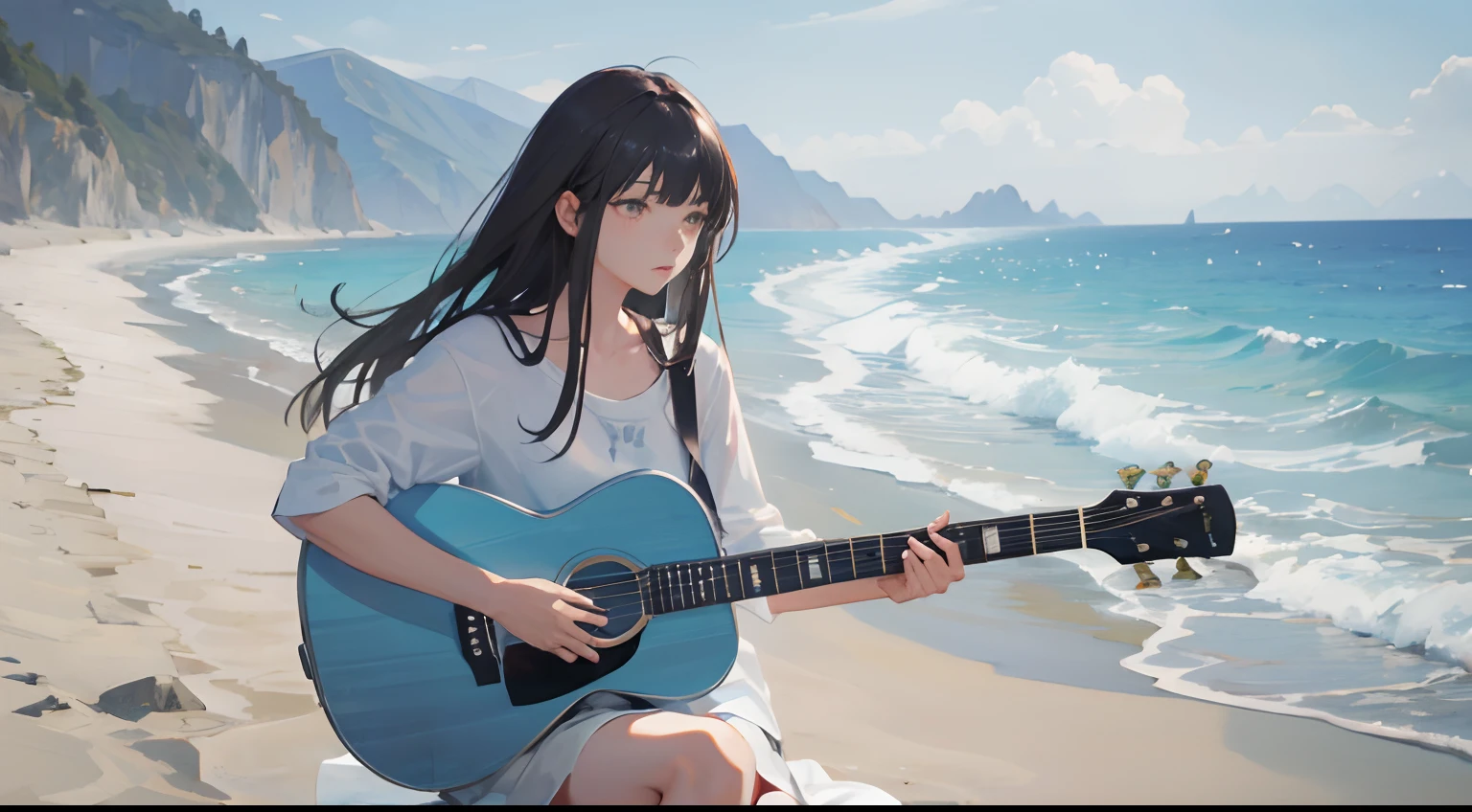 Dark hair　The long-haired　Gray eyes　white shirt　Have a blue guitar　beach