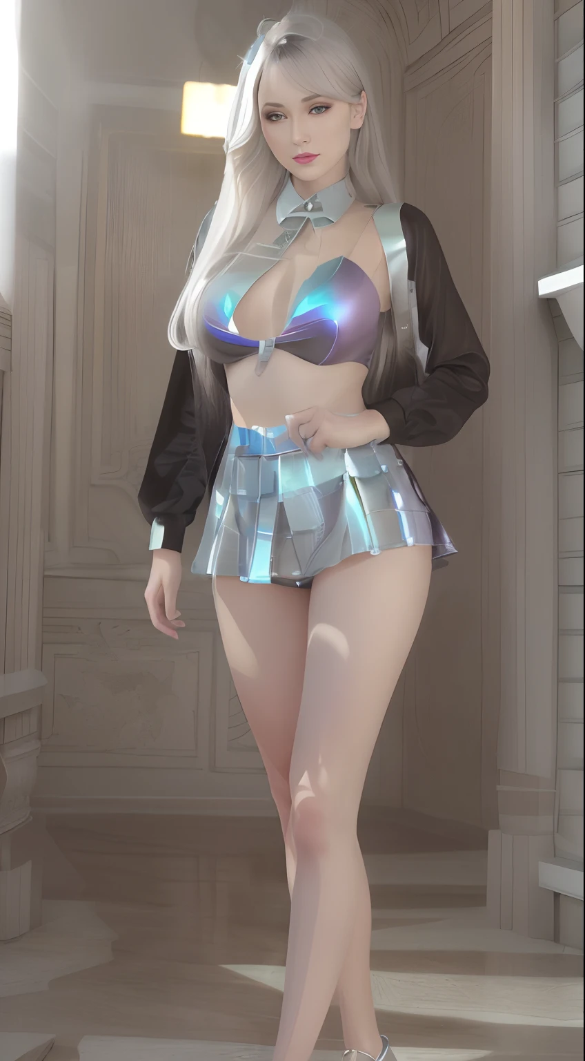 A realistic cinematic 8k resolution shallow focus scene captured with soft natural lighting and shading with a powerful sense of ultra-realism that shows a (full body) sinister (glamorous woman) proudly standing with an arrogant expression and her (anatomically correct hands) on the hips with very fluid movements in front of a stunning hyper-realistic cyberpunk Neo-futurism city with a stunning cloudscape in the background.

She is (wearing an elegant tailored pale-grey silk top with straight leg dark-grey pant on top:1.1) of her (insanely detailed, elegant and ornate anatomically sculpted bio-mechanical [graphite:silver:0.55] fractal body delicately embroidered with tiny amethyst and golden details).

She has a slender beautiful cyborg body, a gorgeous oval face, ([platinum:amethyst:0.61] medium wavy hair:1.3), deep evil looking almond pale-amethyst eyes, lovely thin lips, and a high pointed arrogant nose.

She stands tall with an imperious bearing, her perfect features crafted into an expression of superiority. Long legs clad in designer pencil skirts sashay across polished marble floors with every step. It takes only moments before her silver gaze fixes itself upon your own, sending a bolt of electric tension snaking down your spine. Once ensnared by those glittering pools of iridescent light, it becomes apparent that while her aloofness may indeed conceal malevolent intentions, her words carry a subtle hypnotic charm that hints at deeper waters within that ice cold persona. When she chooses to reveal that small part of herself, it comes off less as empathetic concern and more as a seductress teasing out a secret. You willingly succumb to her manipulations, unable to resist her quiet lure.