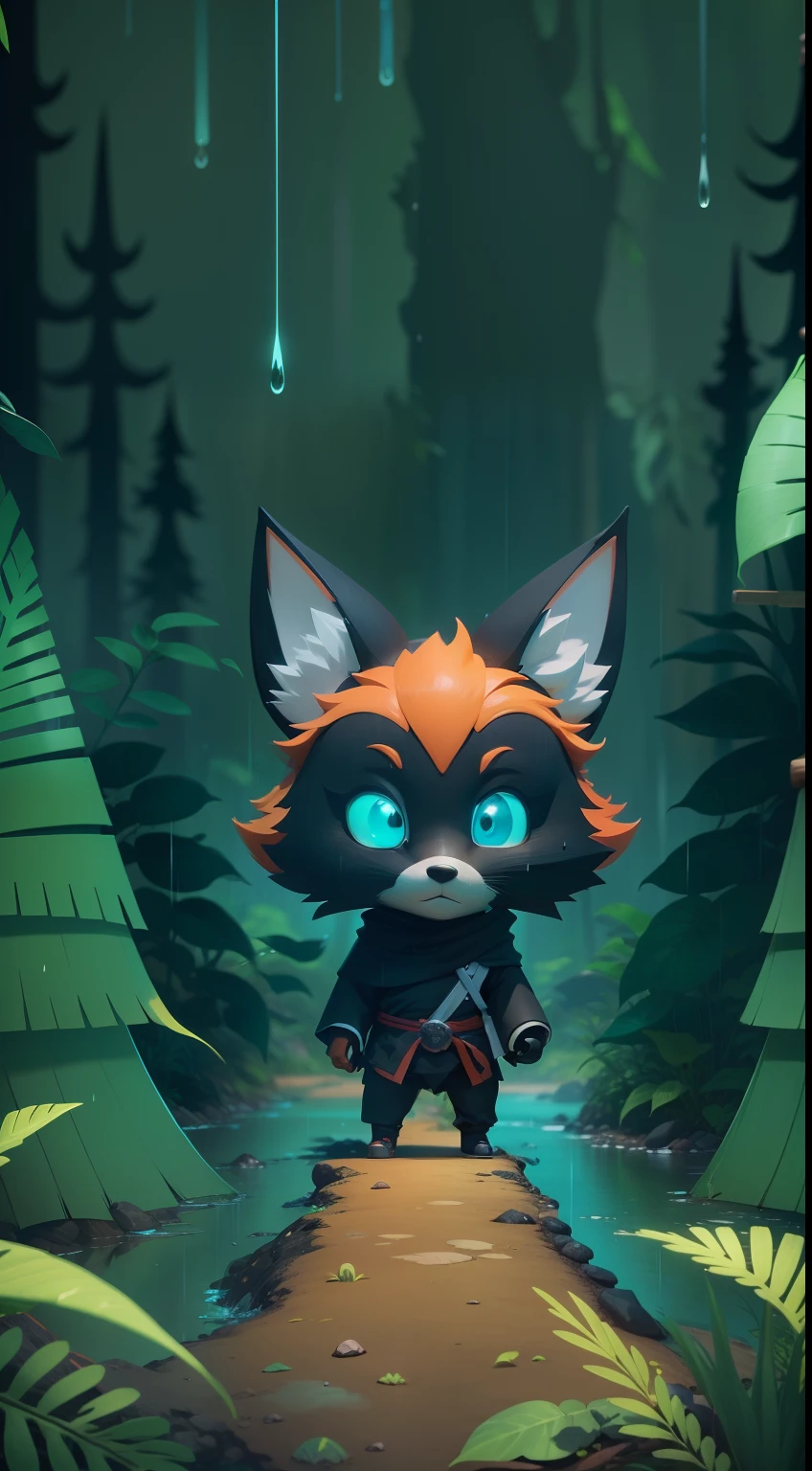 Create a vibrant dark fantasy cute ninja fox in a clean-lined minimalistic cartoon style, in the background a beautiful forest, rain, octane render, 8k