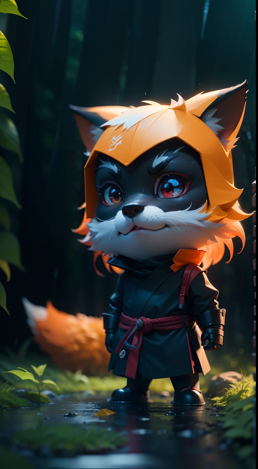 Create a vibrant dark fantasy cute ninja fox in a clean-lined minimalistic cartoon style, in the background a beautiful forest, rain, octane render, 8k