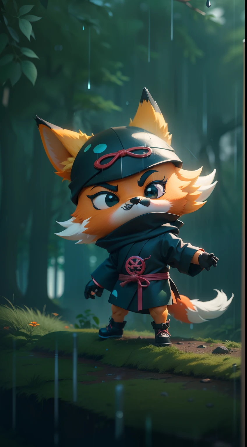 Create a vibrant dark fantasy cute ninja fox in a clean-lined minimalistic cartoon style, in the background a beautiful forest, rain, octane render, 8k