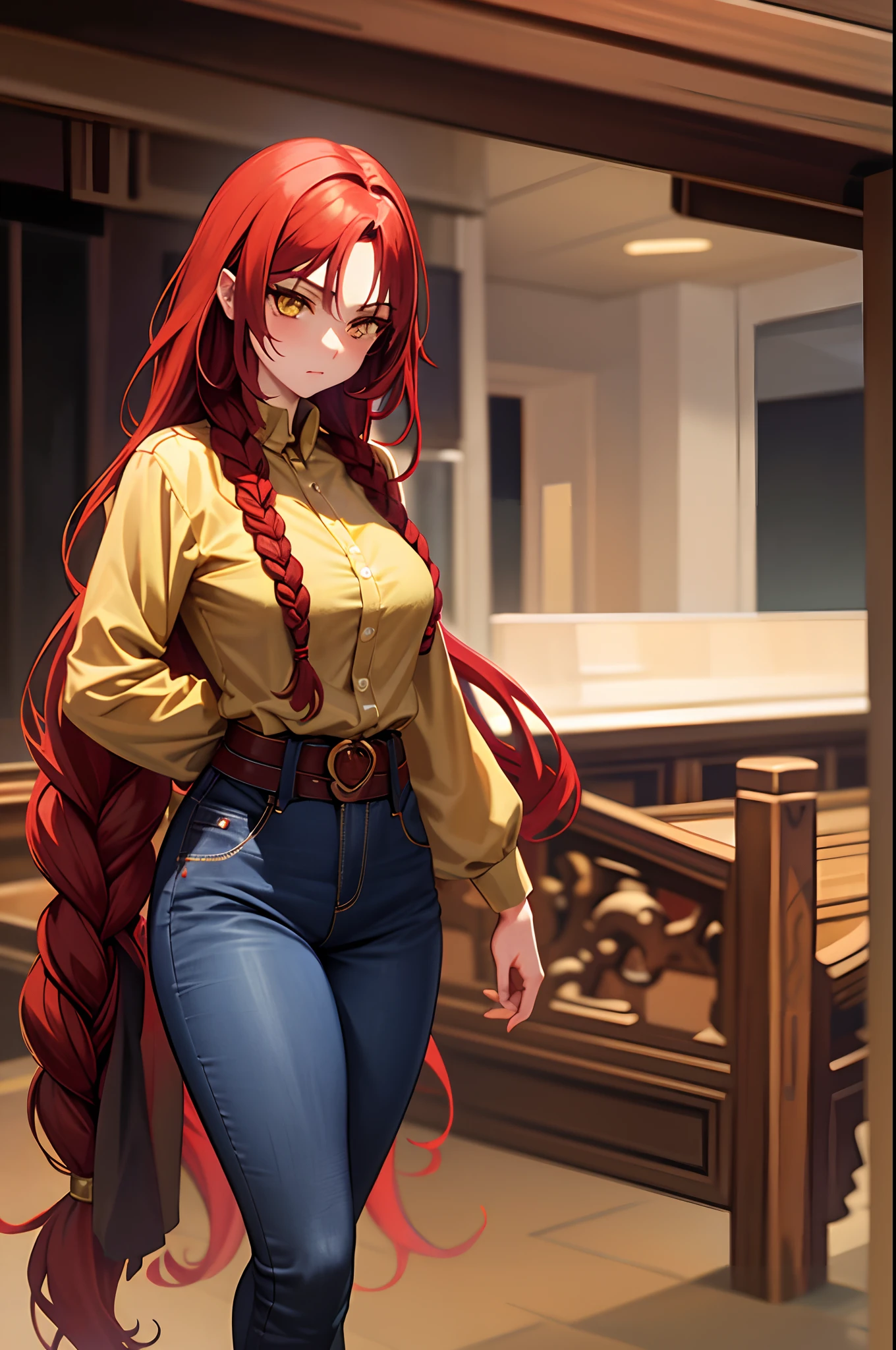 masterpiece, best quality, 1girl, long hair, big bust, very long red hair, jeans, brown pants, cowboy clothes, outer, sexy, sensual, nlanca and brown clothes, yellow eyes, serious, emotionless, adult woman, braids, seductress, hands on waist,