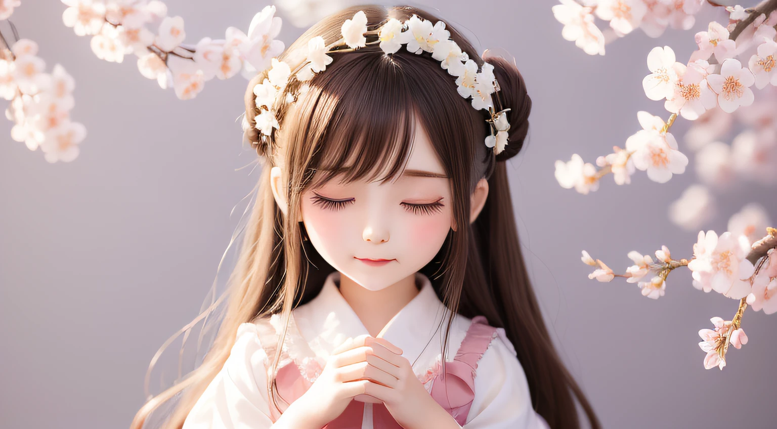 Doll standing in front of the painting、bionde、Crying face、Wiping tears、Close your right eye、Sengai、pixiv、rokoko、dollfie dream、watercolor Nendoroid、(High Definition Figure)、flowing sakura-colored silk、nendroid、highly_Detailed!!,Cherry blossom petals、Flowing cherry blossom silk、I'm crying with joy!、Express joy by opening your mouth slightly、season!!: 🌸 ☀ 🍂 ❄