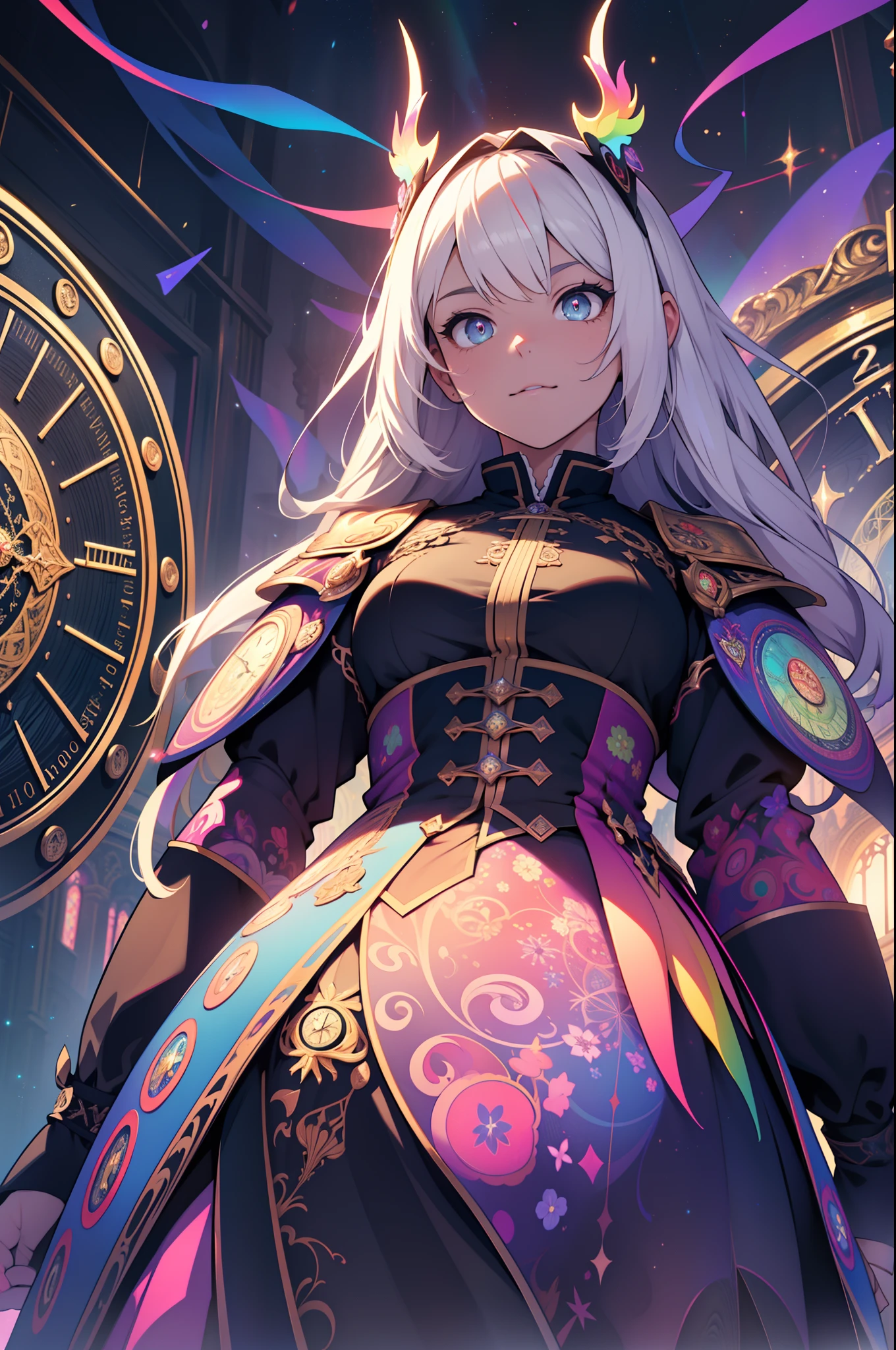 1girll, adolable, whaite hair,Rainbow pupils,ultra - detailed, (s fractal art:1.4), rich colourful, detailed back ground, (Fractals in the background:1.2), Clock and magic, magestic, hight contrast, Ray traching, cinmatic lighting, (Start from the front:0.6)