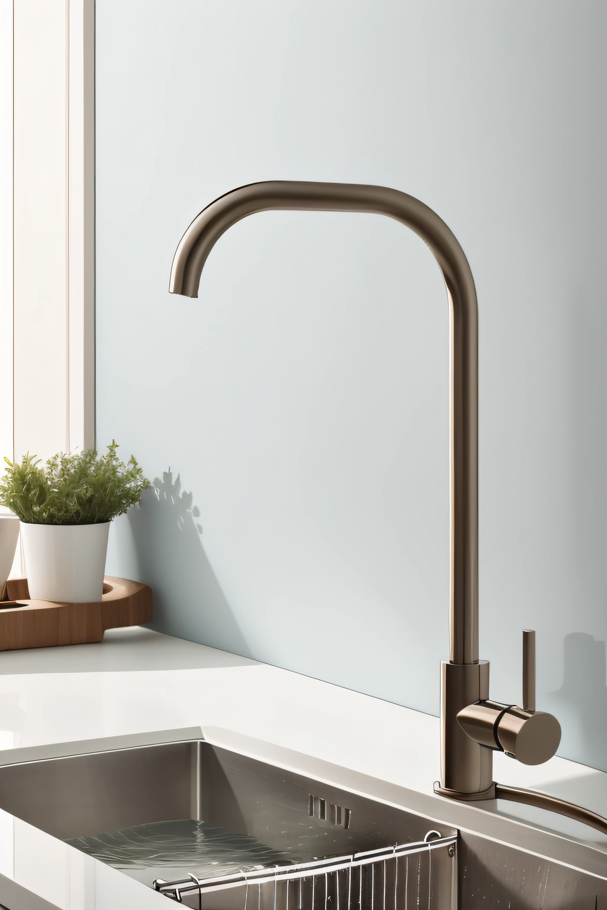 The kitchen faucet is realistic and minimalist