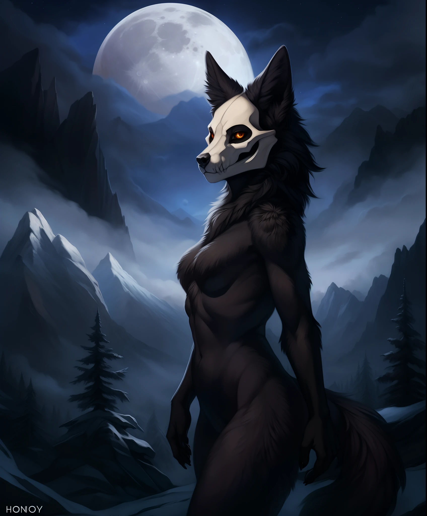 honovy, hioshiru, foxovh, a beautiful and detailed (portrait) of ((malo)), black body, skull head, tail, ((canine, nude)), standing, mountains, clouds, trees ,female subject, solo, looking at viewer, dark, night, moon