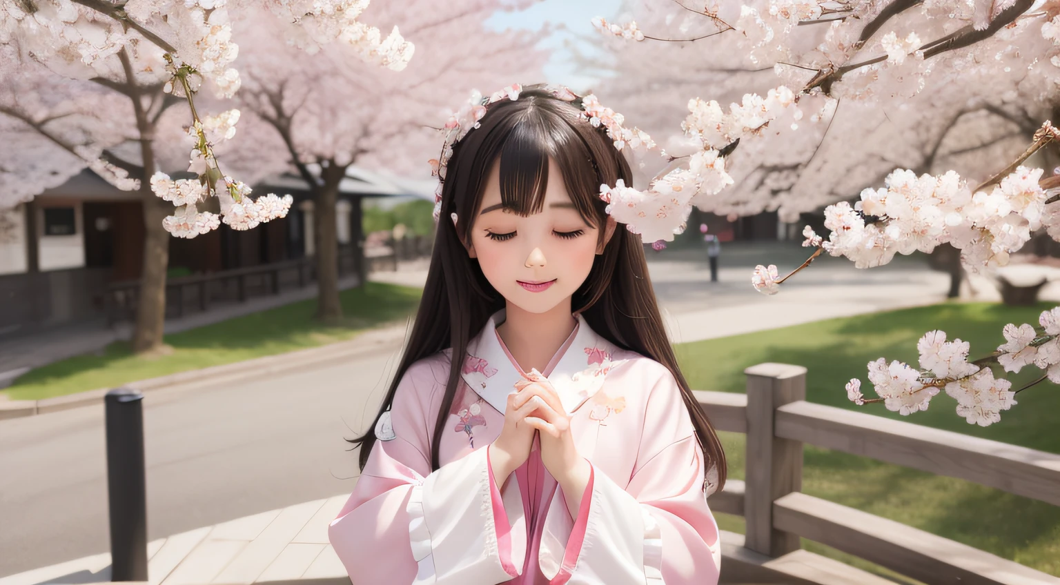 Doll standing in front of the painting、bionde、Crying face、Wiping tears、Close your right eye、Tears running down my cheeks、Sengai、pixiv、rokoko、dollfie dream、watercolor Nendoroid、(High Definition Figure)、flowing sakura-colored silk、nendroid、highly_Detailed!!,Cherry blossom petals、Flowing cherry blossom silk、I'm crying with joy！、Express joy by opening your mouth slightly、season!!: 🌸 ☀ 🍂 ❄
