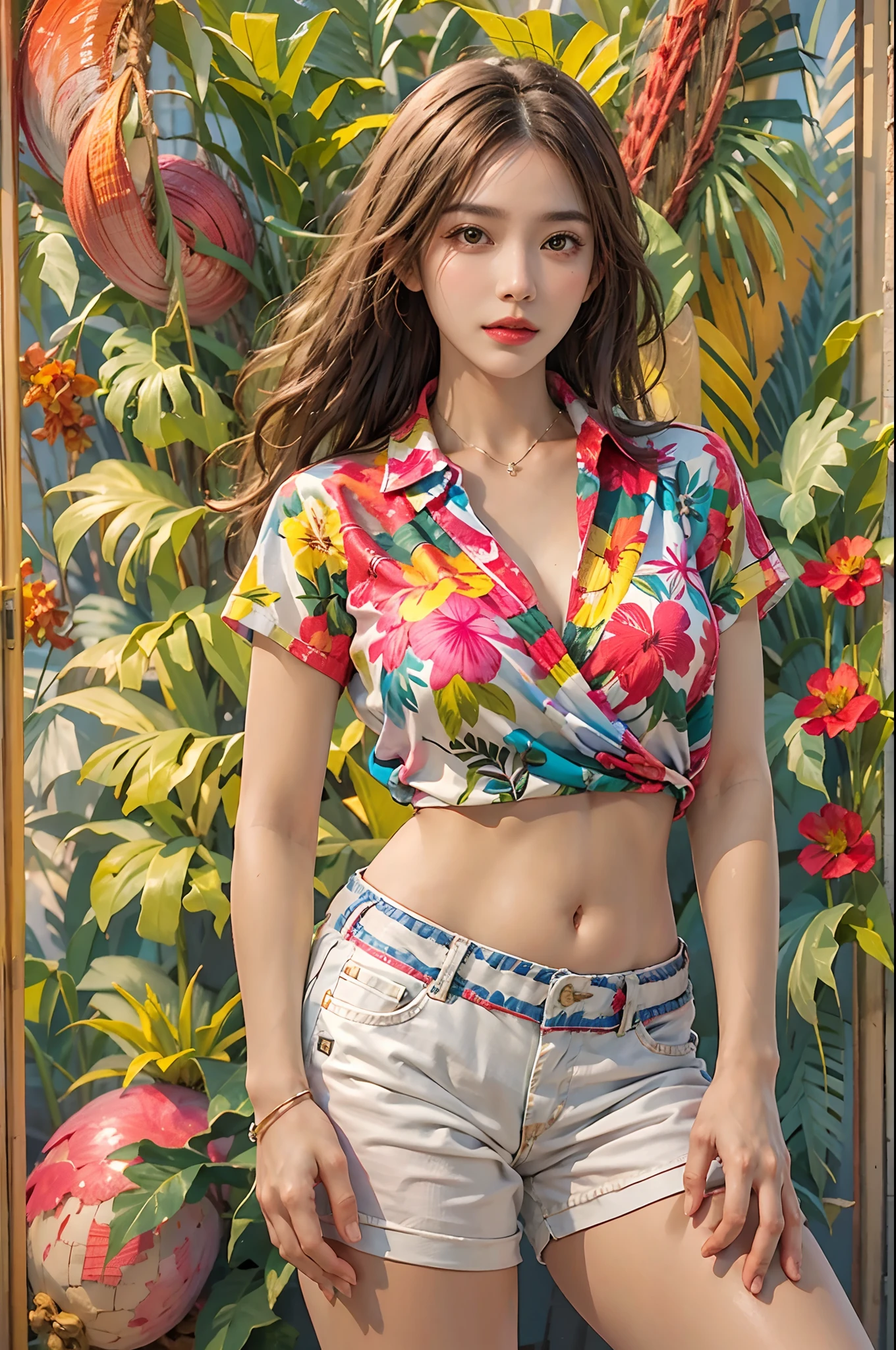 photorealistic, high resolution, 1women, solo, hips up, look at viewer, (detailed face), colorful summer wear, aloha shirt, beach