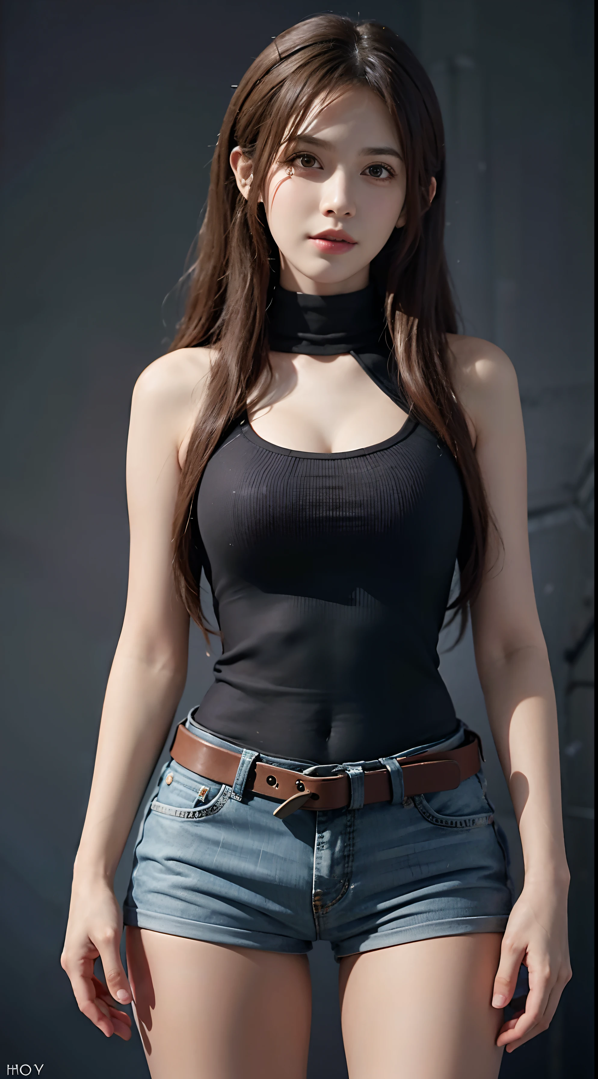 (Front Focus), (In the Dark: 1.6), Surrealistic Female Portraits by David Hockney and Alphonse Mucha, Fantasy Art, Photo Realism, Dynamic Lighting, ArtStation, Poster, Volumetric Lighting, Very Detailed Faces, 4 K, Pantyhose, Shorts, 1girl, In the Dark, Deep Shadow, Low Key, Cowboy Shot, (Official Uniform: 1.4), Long Hair, Gray Hair,