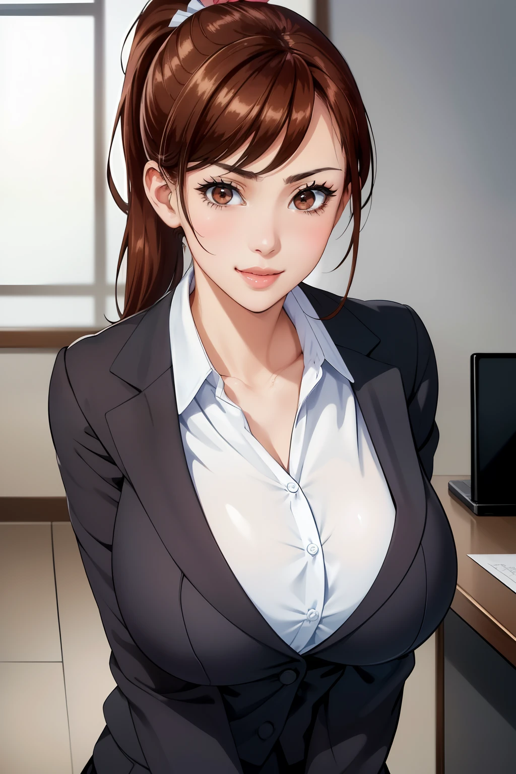 masterpiece, best quality, highest quality, perfect anatomy, highres, ultra-detailed, 8k wallpaper, texture, detail, unique, HDR, extremely detailed CG, Azuma Hisato, 1 girl, Solo, full body, standing, ponytail, brown_hair, Bangs, brown_eyes, 20yo, mature female, looking at viewer, smile, lewd face, (Beautiful,large_Breasts:1.4), (beautiful_face:1.5),(narrow_waist), office outfit, office uniform