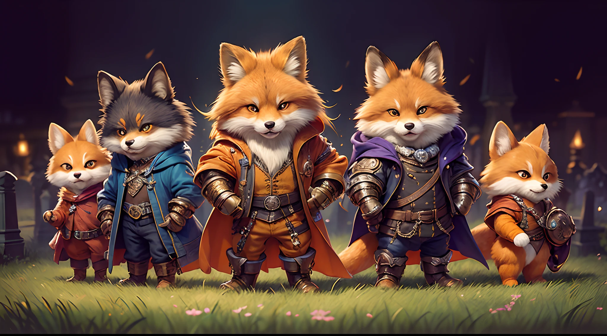 Hyperdetailed Painting, Jean-Baptiste Monge Style, Anthropomorphic fox, knight, ,detailed pupils ,orange hair, red and black armor, kubrik stare, pale skin, greaves, dagger, dual wielding ,, , (extremely intricate robes, magical robes orange and purple), (extremely detailed background), ((dynamic background)),  ,, , highest quality,, very angry face, body fitness, full body, long hair with braids , at night in the cemetery with fireflies ,