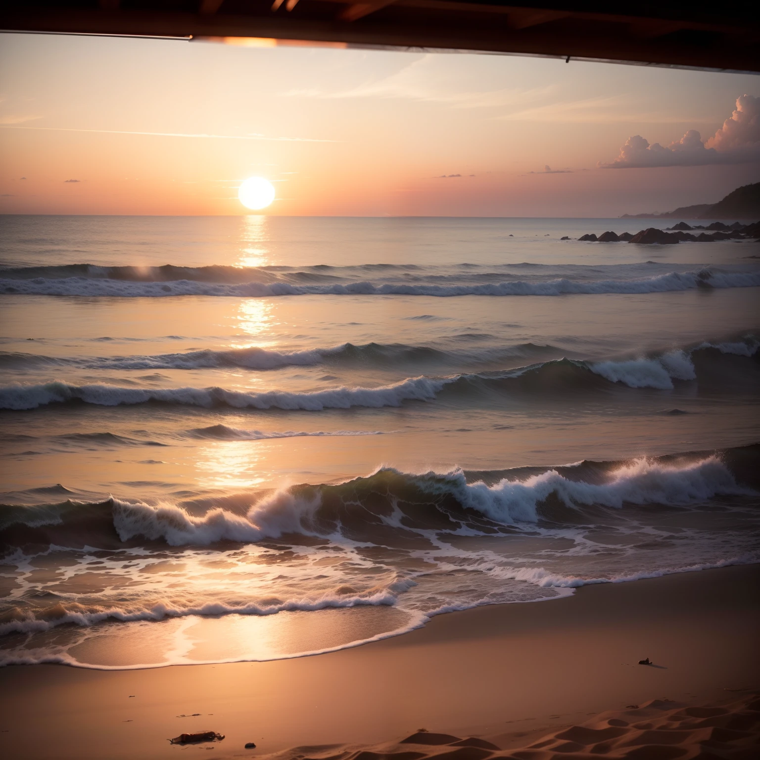 A beach at sunset, com ondas suaves que se quebram na areia dourada. There is an empty beach chair, with an open book and sunglasses on it. Ao longe, one can see a solitary silhouette, Walking towards the horizon.

Prompt: Describe the sense of peace and serenity you experience as you sit in that empty beach chair, watching the sunset and listening to the sound of the waves. Who is the lonely person walking in the distance?? What she may be looking for or leaving behind? Create a story that captures the calm and melancholic atmosphere of this moment on the beach.