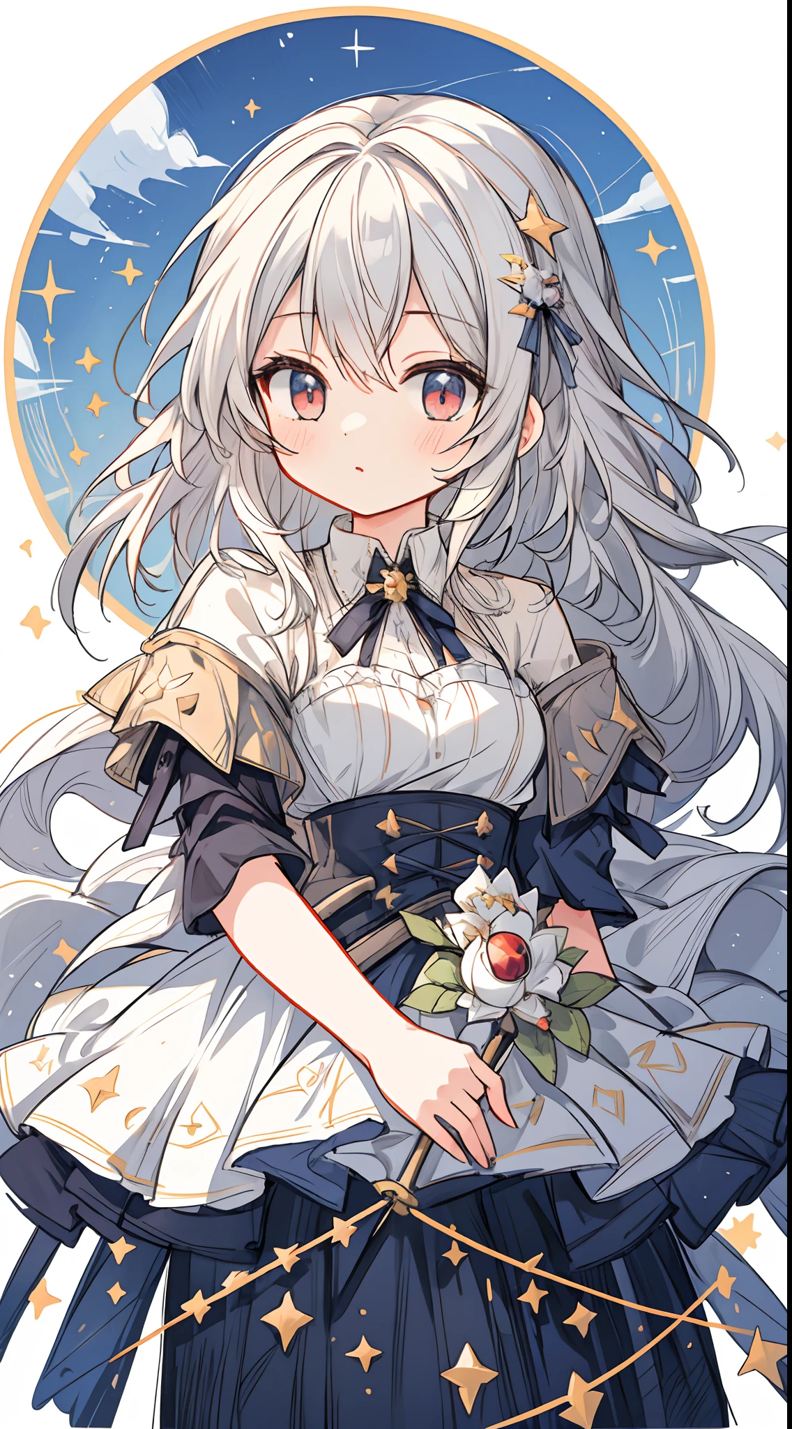 (masterpiece, best quality:1.2), illustration, absurdres, highres, extremely detailed, 1 petite girl, white short hair, red eyes, eye highlights, dress, short puffy sleeves, frills, outdoors, flower, fluttering petals, upper body, (moon:1.2), night, depth of field, (:d:0.8),(black pantyhose)