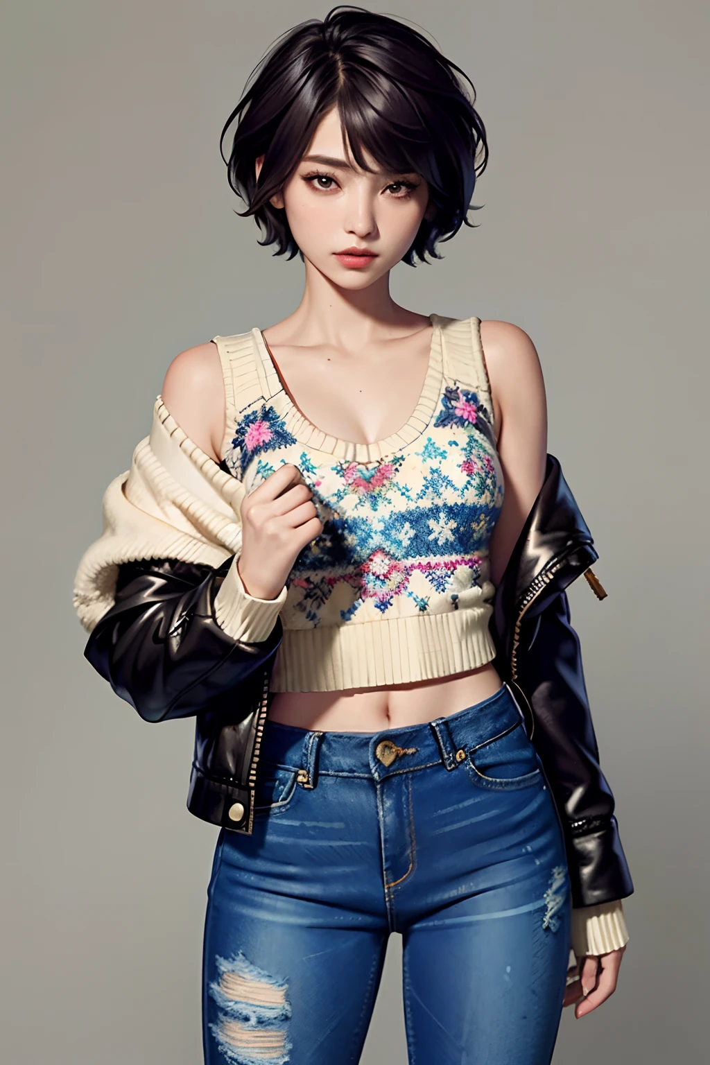 Masterpiece, High quality,1girll,Solo,Middle breast , Short hair, (hair between eye),(00BFFE Pixie cut),Disappointed face,(Embroidered sweater, Cropped flared jeans, Leather blazer)