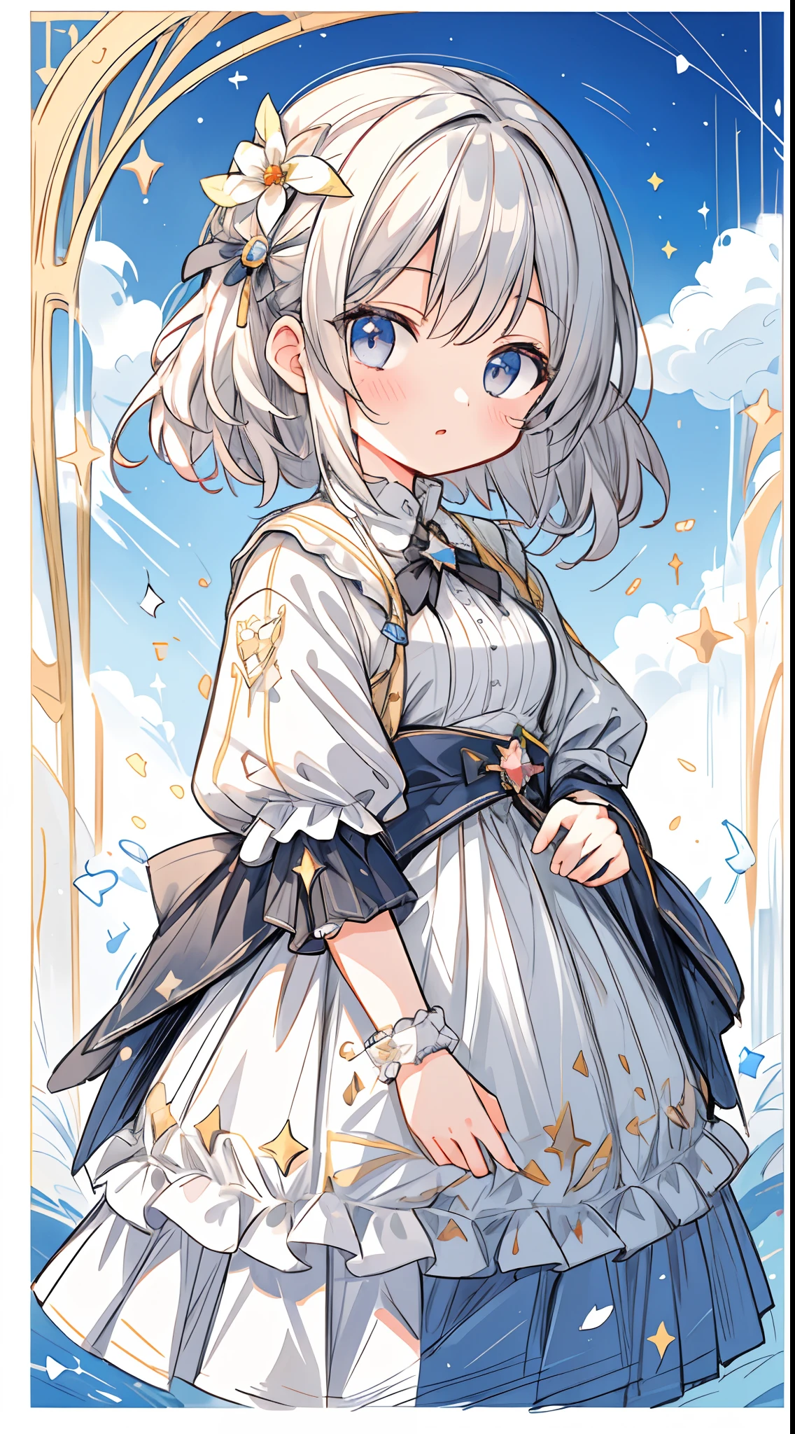 (masterpiece, best quality:1.2), illustration, absurdres, highres, extremely detailed, 1 petite girl, white short hair, red eyes, eye highlights, dress, short puffy sleeves, frills, outdoors, flower, fluttering petals, upper body, (moon:1.2), night, depth of field, (:d:0.8),（black pantyhose）