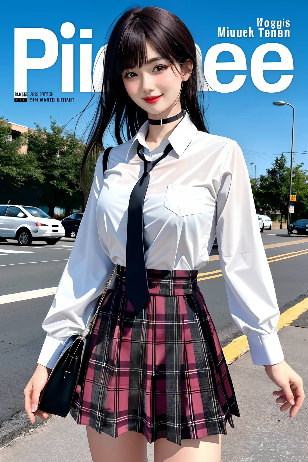 masterpiece, best quality, full body, 1girl, bangs, black choker, black necktie, black hair, blue skirt, blush, bracelet, breasts, choker, clothes around waist, collarbone, collared shirt, cowboy shot, dress shirt, ear piercing, eyebrows visible through hair, gradient hair, grin, gyaru, jewelry, kogal, long hair, looking at viewer, loose necktie, necktie, piercing, plaid, plaid skirt, pleated skirt, red eyes, ring, school uniform, shirt, skirt, smile, solo, white shirt, street, sky, cherry blossoms, petals,illustration, (magazine:1.3), (cover-style:1.3), fashionable, woman, vibrant, outfit, posing, front, colorful, dynamic, background, elements, confident, expression, holding, statement, accessory, majestic, coiled, around, touch, scene, text, cover, bold, attention-grabbing, title, stylish, font, catchy, headline, larger, striking, modern, trendy, focus, fashion,