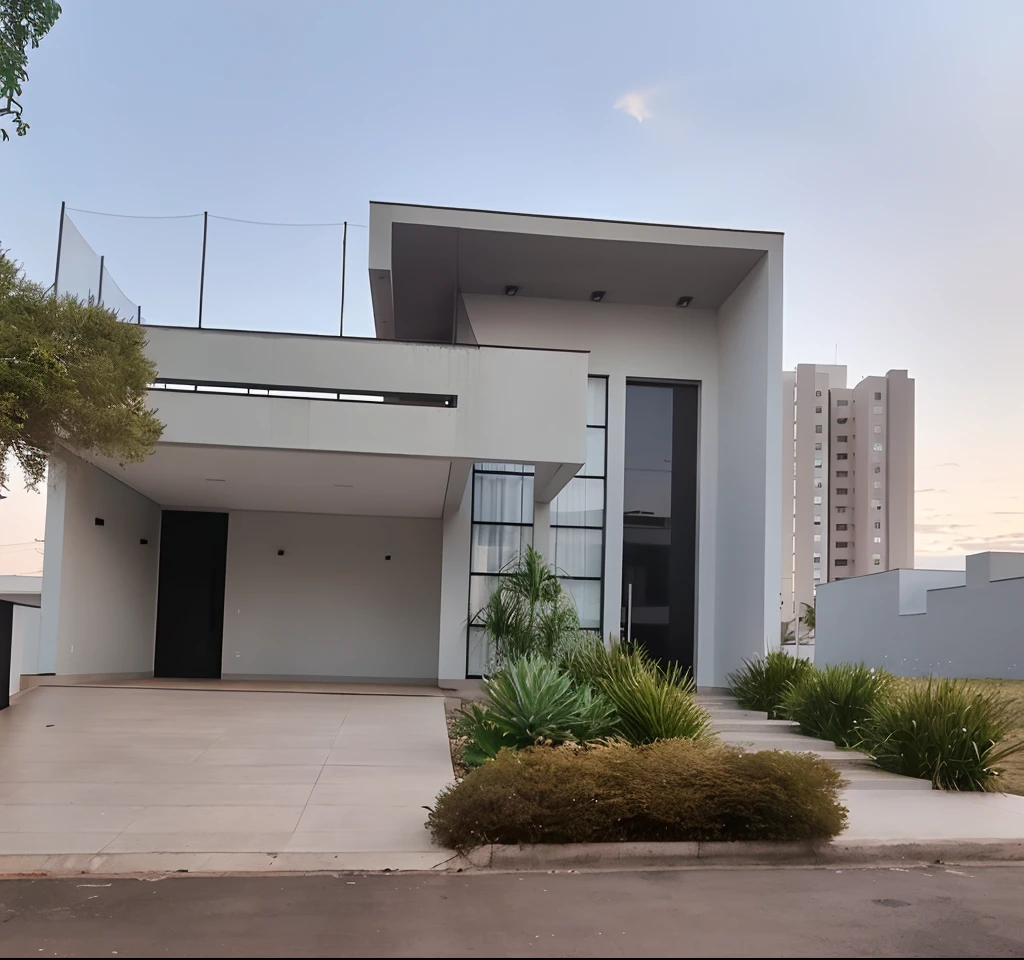 There is a white house with balcony and balcony on the roof, imagem frontal, arhitectural shot, vista exterior, vista externa, Vista frontal, casa moderna, Directed by: Willian Murai, casa completa, Frente, casa contemporanea, large modern residence, vista da rua, vista frontal, uma casa, Villa Interdimensional, Casa Conceito