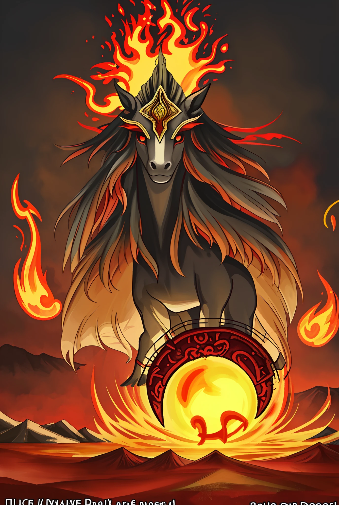 painting of a horse with a fire head and a fire tail, holy fire spell art, fire elemental, flame conjuring armored, ghost of the fire spirit, magic the gathering art style, magic the gathering artstyle, fire and flames mane, epic fantasy digital art style, magic the gathering card art, engulfed in swirling flames, epic fantasy card game art
