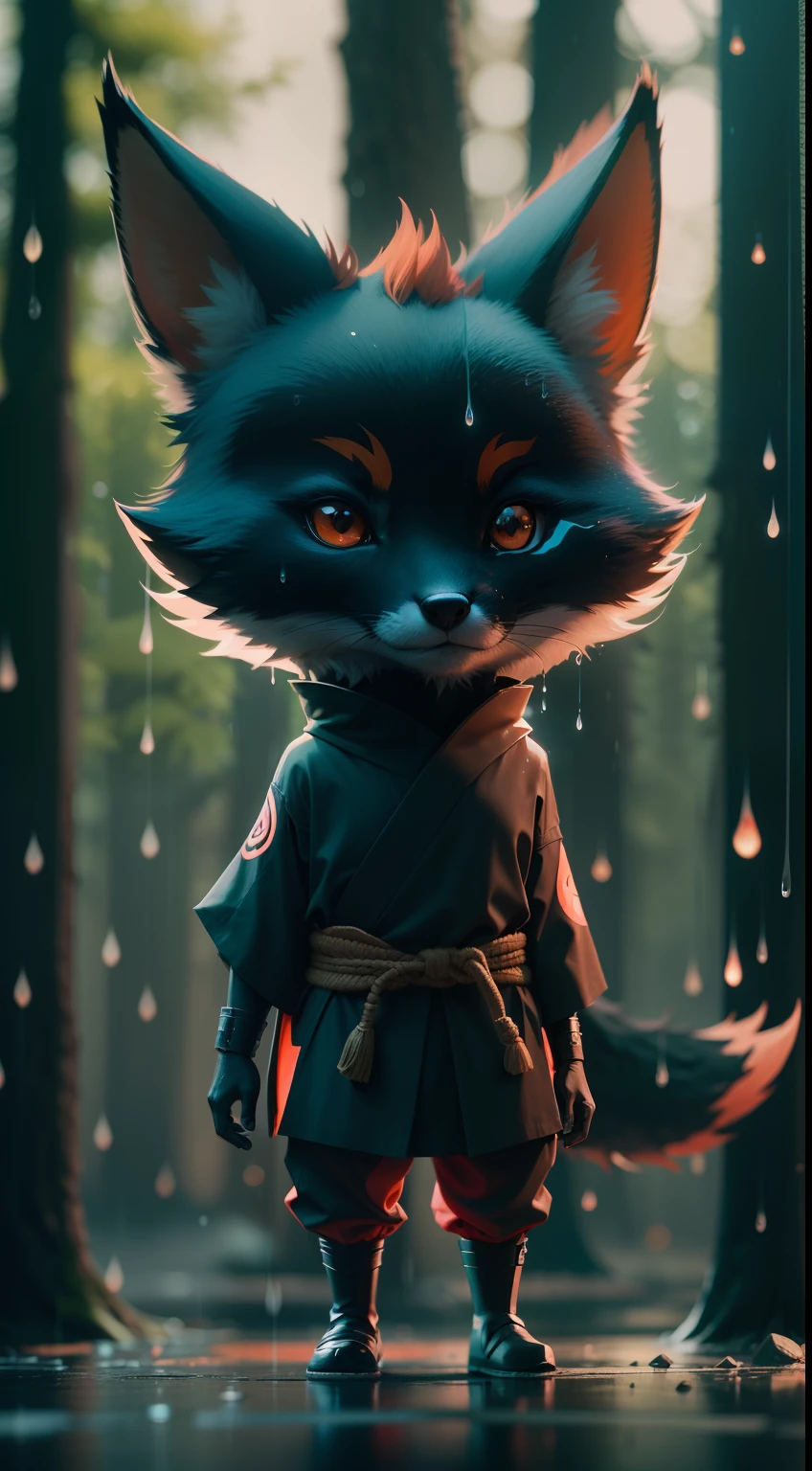 Create a vibrant dark fantasy cute ninja fox in a clean-lined minimalistic cartoon style, in the background a beautiful forest, rain, octane render, 8k