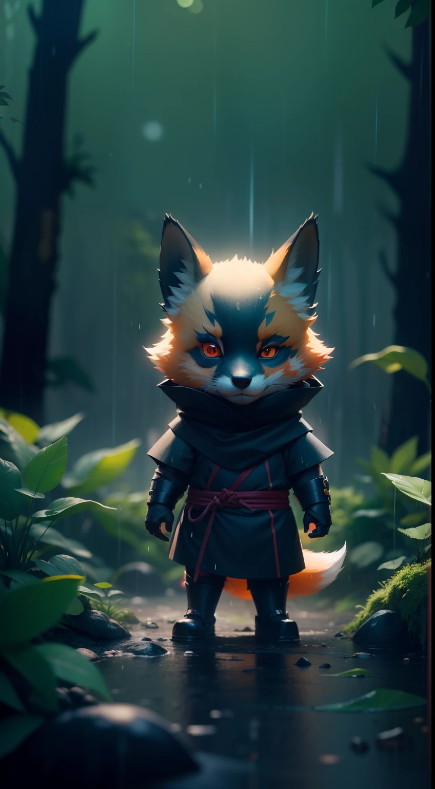 Create a vibrant dark fantasy cute ninja fox in a clean-lined minimalistic cartoon style, in the background a beautiful forest, rain, octane render, 8k