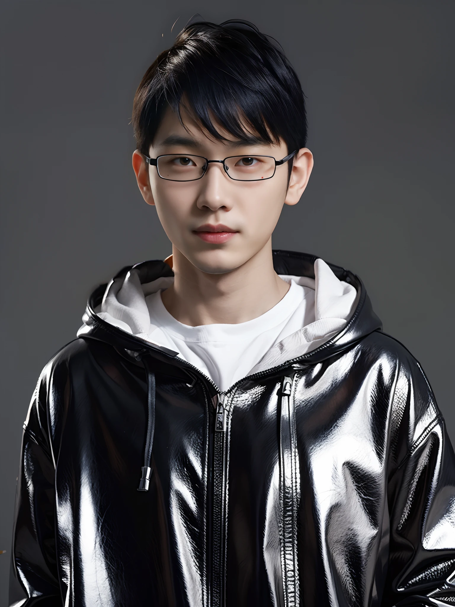 1boys,high high quality,Wearing polyvinyl chloride leather,Zippered hood,cyber punk perssonage,simple backgound, high qulity, A high resolution.