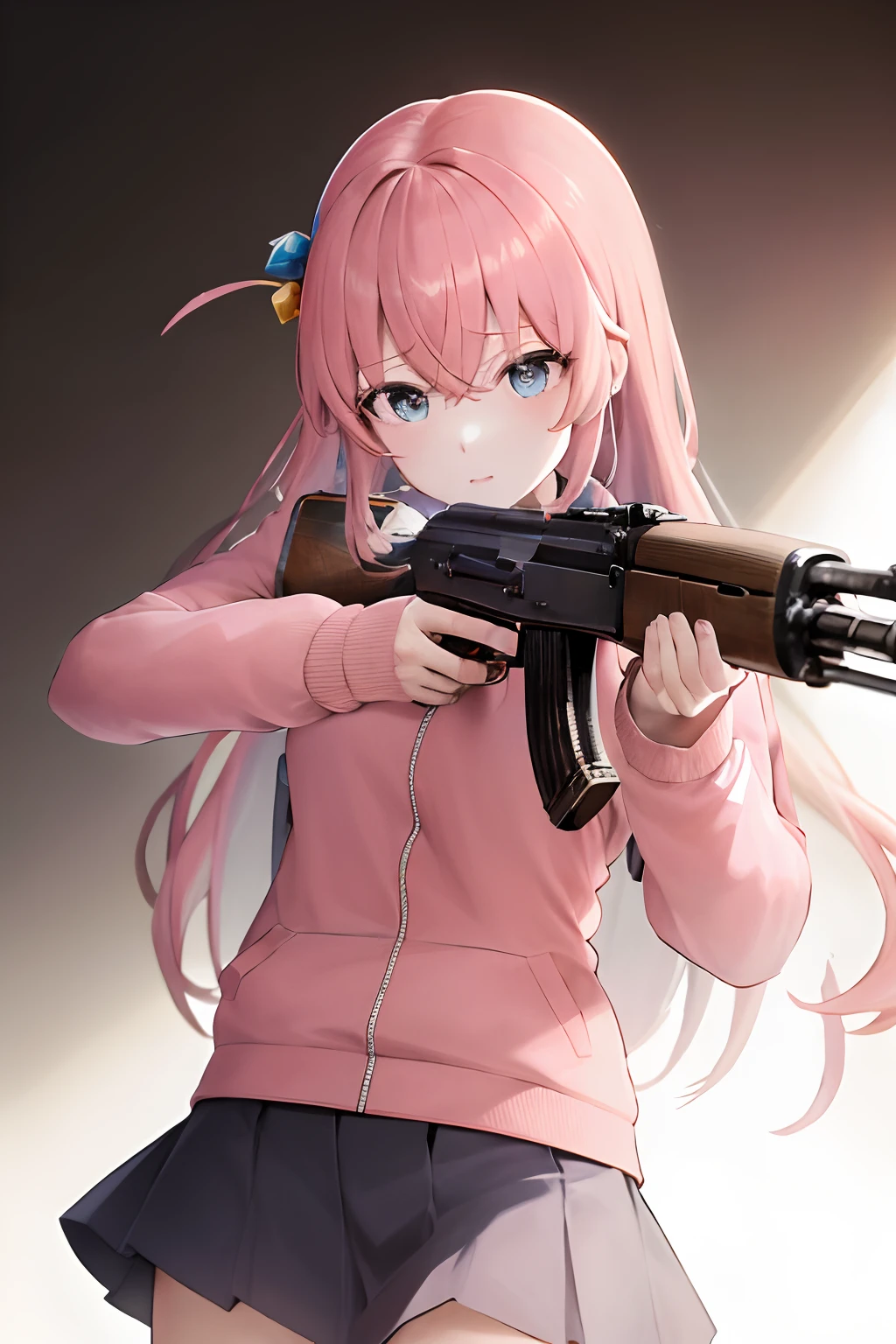 ​masterpiece, top-quality, Hi-Res, gotou1, gotou hitori, 独奏, skirt by the, Pink Jacket, Track jacket, bangss, hair between eye, long-sleeve, holding gun, ak-47, akm, assault rifle, kalashnikov rifle, (aiming:1.2), finger on trigger,