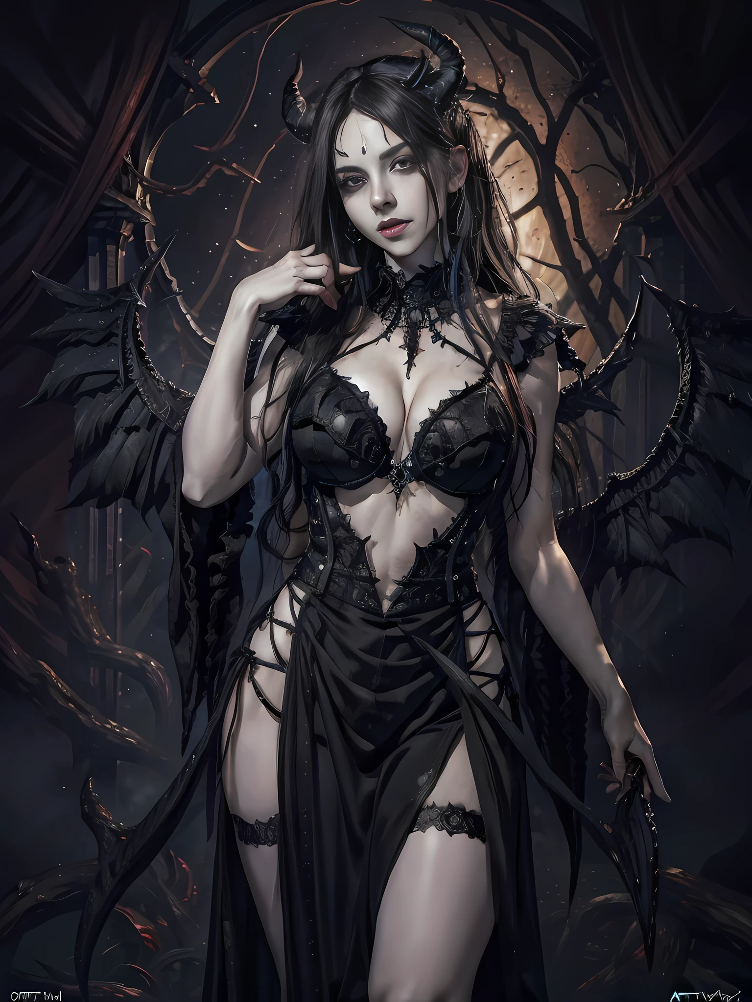 darkly， unholy， unholy， starlights， Creepy olpntng style， succubus，huge tit，cleavage，groin，Vest line，fleshy legs，nakeness， Photogenic screaming expression， mistic， The perfect face with soft skin， Concept art portrait by Greg rutkowski， Artgerm， Ultra-detailed intricate Gothic art trends in Artstation ternary colors， unreal-engine， fantasy， intricately details， splash image， complementary colours， fantasy concept art， 8K分辨率， gothic deviantart masterpiece， oil painted， The strokes are heavy， paint drips， darkly， Unholy， unholy， starlights， spine-chilling，