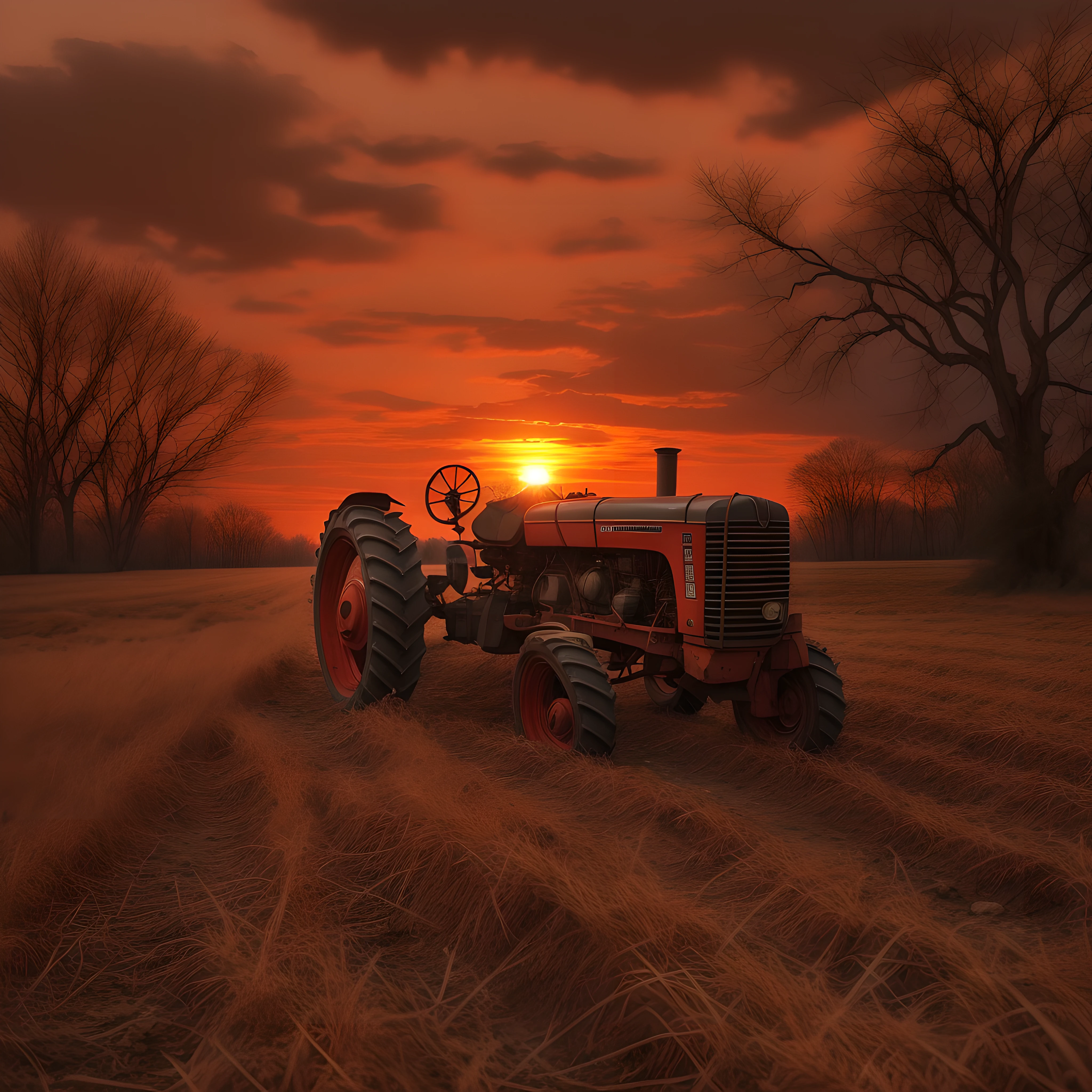 The setting sun burns red on the horizon, the swollen disc casting an otherworldy glow over the barren fields as I guide the tractor over the rough earth. The engine rumbles loudly, shattering the heavy silence that hangs over the wasted crops that sway listlessly in the hot winds.

I sit hunched in the cracked leather seat, my face shaded by a wide brimmed hat. My skin is leathered and worn from years of toil beneath this ruthless sun. The ground before me is rutted and dry, every clod of dirt a reminder of the faded dreams once planted across these acres.

Behind me, the crooked silhouette of the tractor cab stands dark against the blazing sunset, like the shadow of a great beast lumbering across the land. I steer on ceaselessly, the squeaking wheel familiar beneath my blistered hands.

As the sun sinks lower on the horizon, shadows stretch over the abandoned farm buildings. The light gleams red on their broken windows like the remnants of some forgotten fire. In the distance, the withered cornfield sways, the dead stalks whispering ominously in the wind.

I drive on, engine rumbling, the cracked fields rolling endlessly before me. The swollen sun disappears behind the ragged earth, concluding its descent. Dusk deepens around me but still I sit steadfast, guiding the tractor through the remains of what I once called home, enduring as the darkness falls.