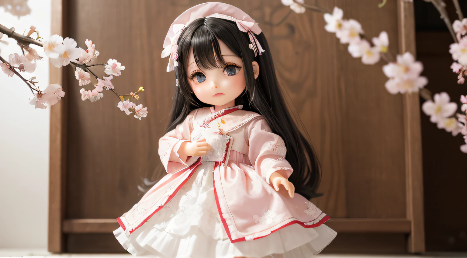 Doll standing in front of the painting、bionde、Crying face、Wiping tears、Close your right eye、Sengai、pixiv、rokoko、dollfie dream、watercolor Nendoroid、(High Definition Figure)、flowing sakura-colored silk、nendroid、highly_Detailed!!,Cherry blossom petals、Flowing cherry blossom silk、I'm crying with joy！、season!!: 🌸 ☀ 🍂 ❄