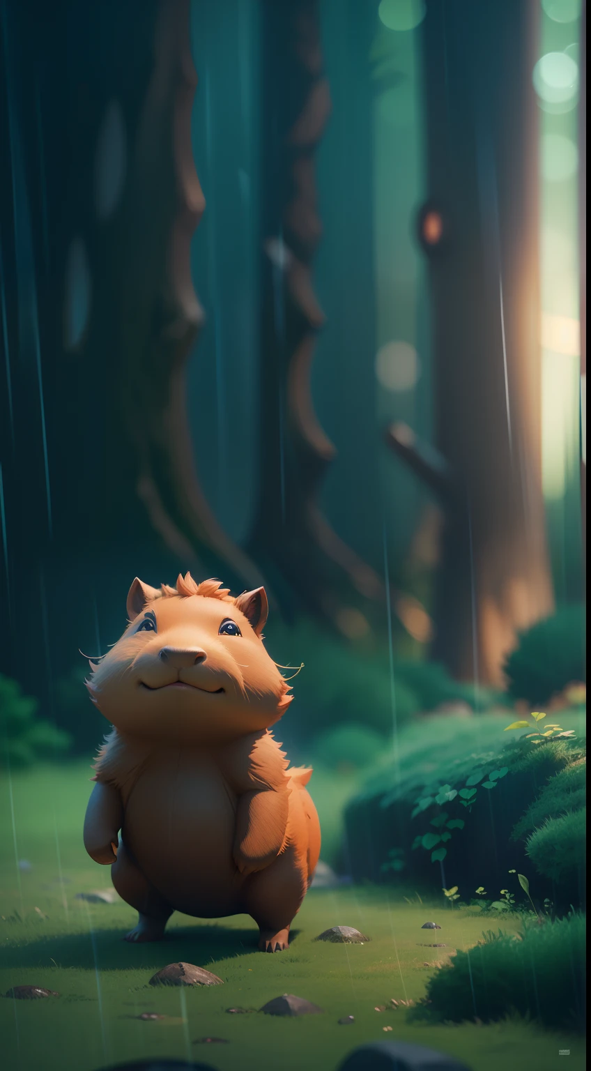 Create a vibrant dark fantasy cute ninja capybara in a clean-lined minimalistic cartoon style, in the background a beautiful forest, rain, octane render, 8k