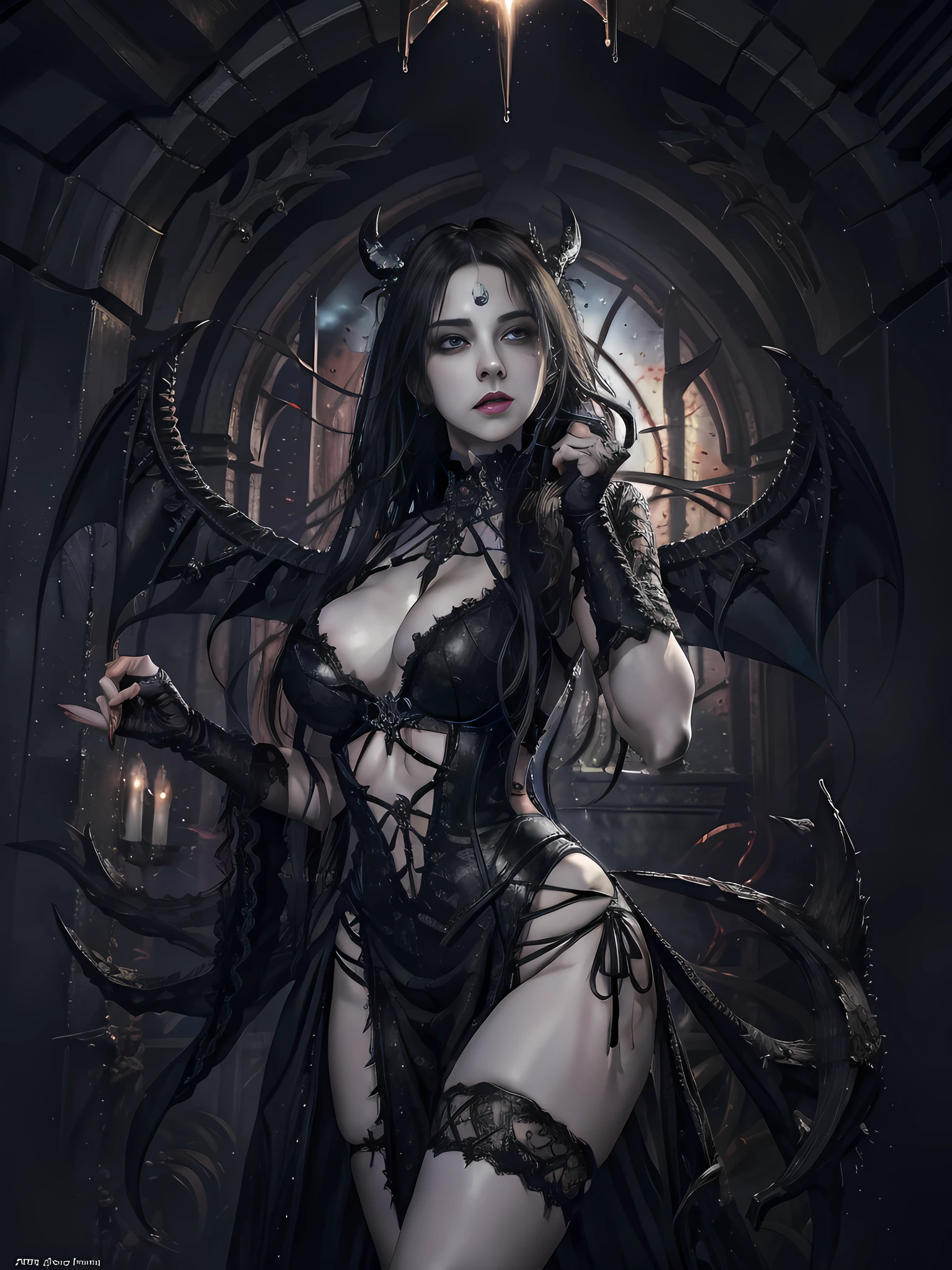 darkly， unholy， unholy， starlights， Creepy olpntng style， succubus，huge tit，cleavage，groin，Vest line，fleshy legs，nakeness， Photogenic screaming expression， mistic， The perfect face with soft skin， Concept art portrait by Greg rutkowski， Artgerm， Ultra-detailed intricate Gothic art trends in Artstation ternary colors， unreal-engine， fantasy， intricately details， splash image， complementary colours， fantasy concept art， 8K分辨率， gothic deviantart masterpiece， oil painted， The strokes are heavy， paint drips， darkly， Unholy， unholy， starlights， spine-chilling，