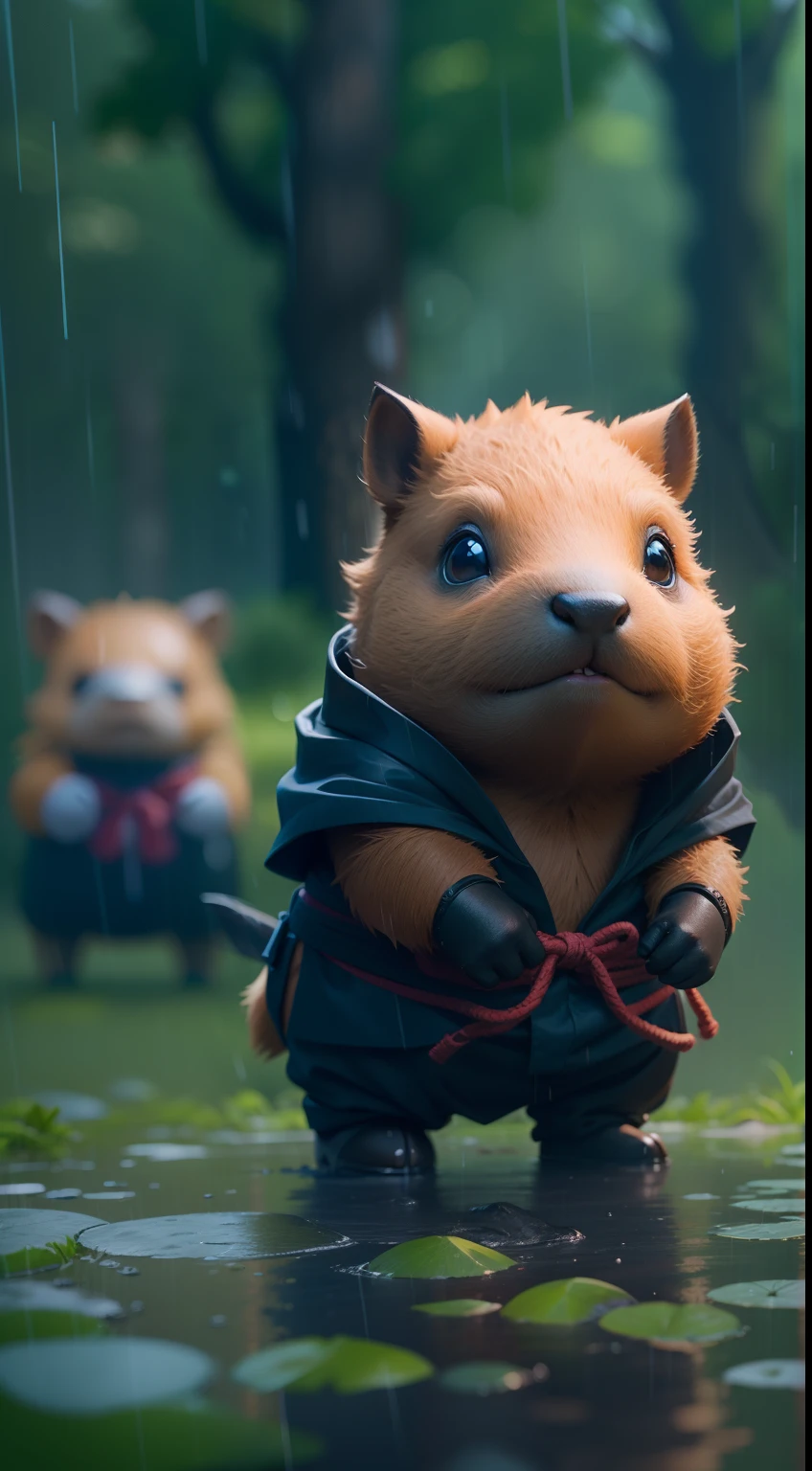 Create a vibrant dark fantasy cute ninja capybara in a clean-lined minimalistic cartoon style, in the background a beautiful forest, rain, octane render, 8k