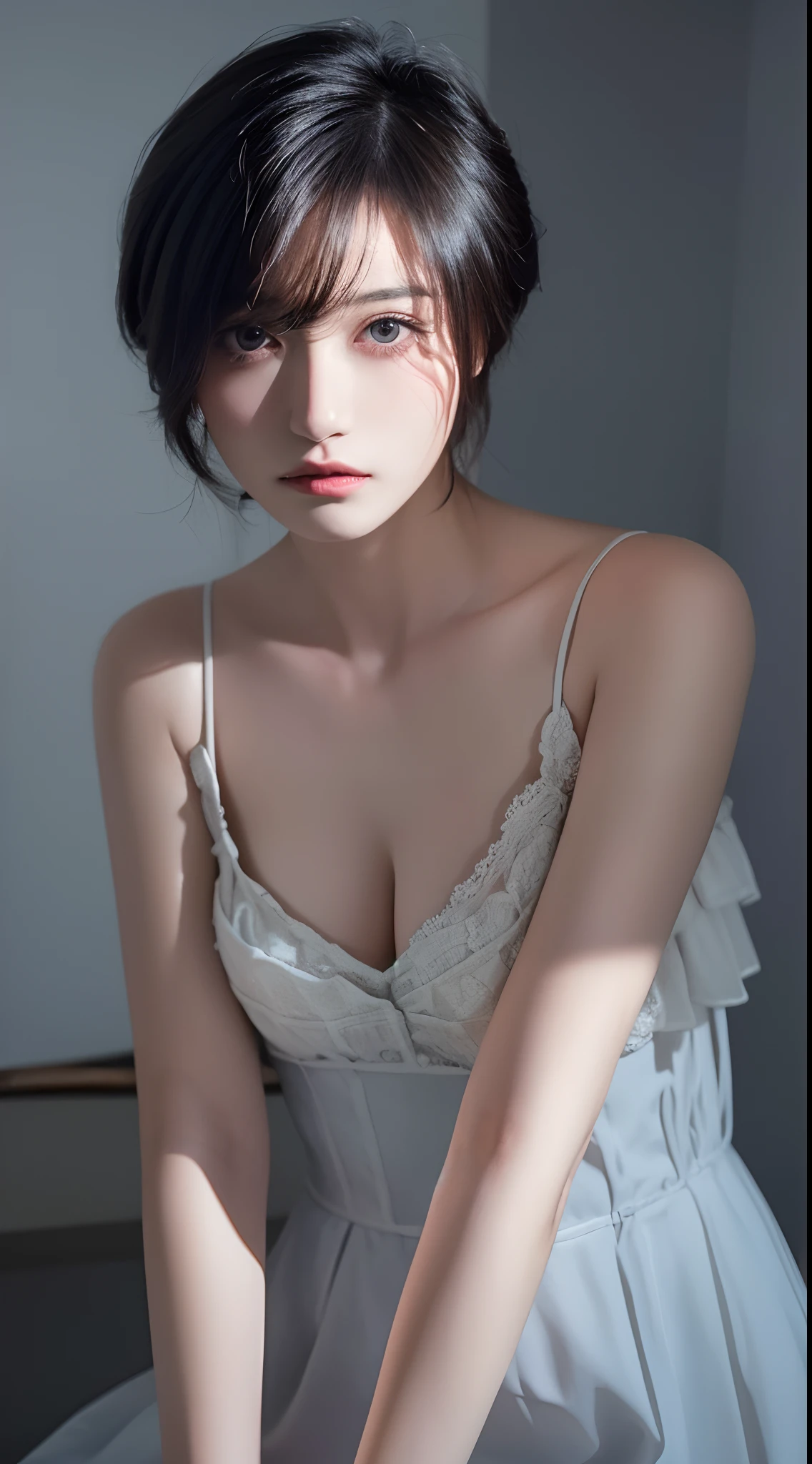 Best quality, masterpiece, ultra high res, (photorealistic:1.5), raw photo, 1girl, offshoulder, in the dark, deep shadow, low key, cold light, sexy look, short hair