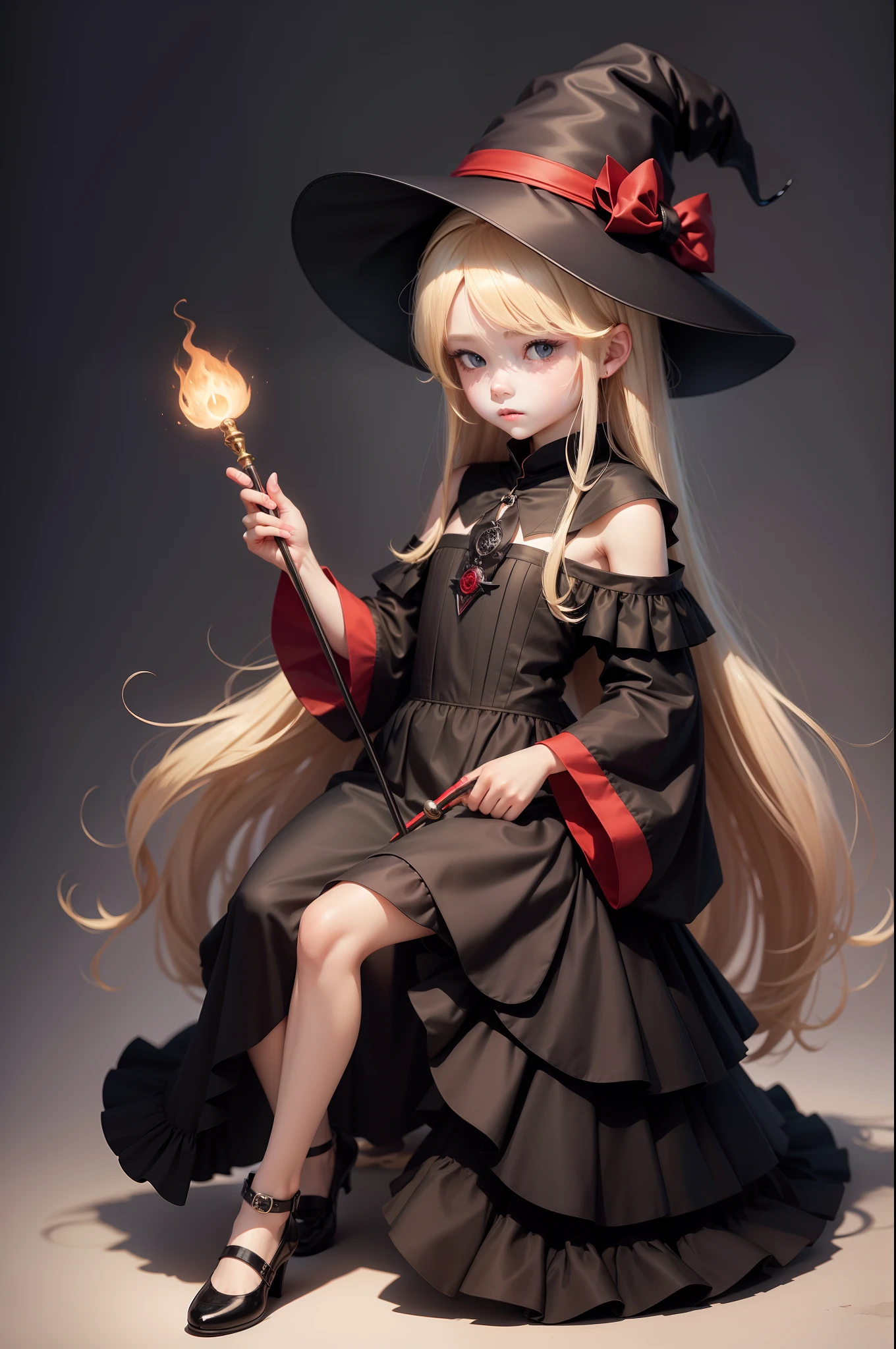 Full body shot from hat to shoes、Cute witch with blonde hair about 、Black hat、Black short dress with beautiful thick red band、He holds a beautiful magic wand in his right hand。The background is all white.