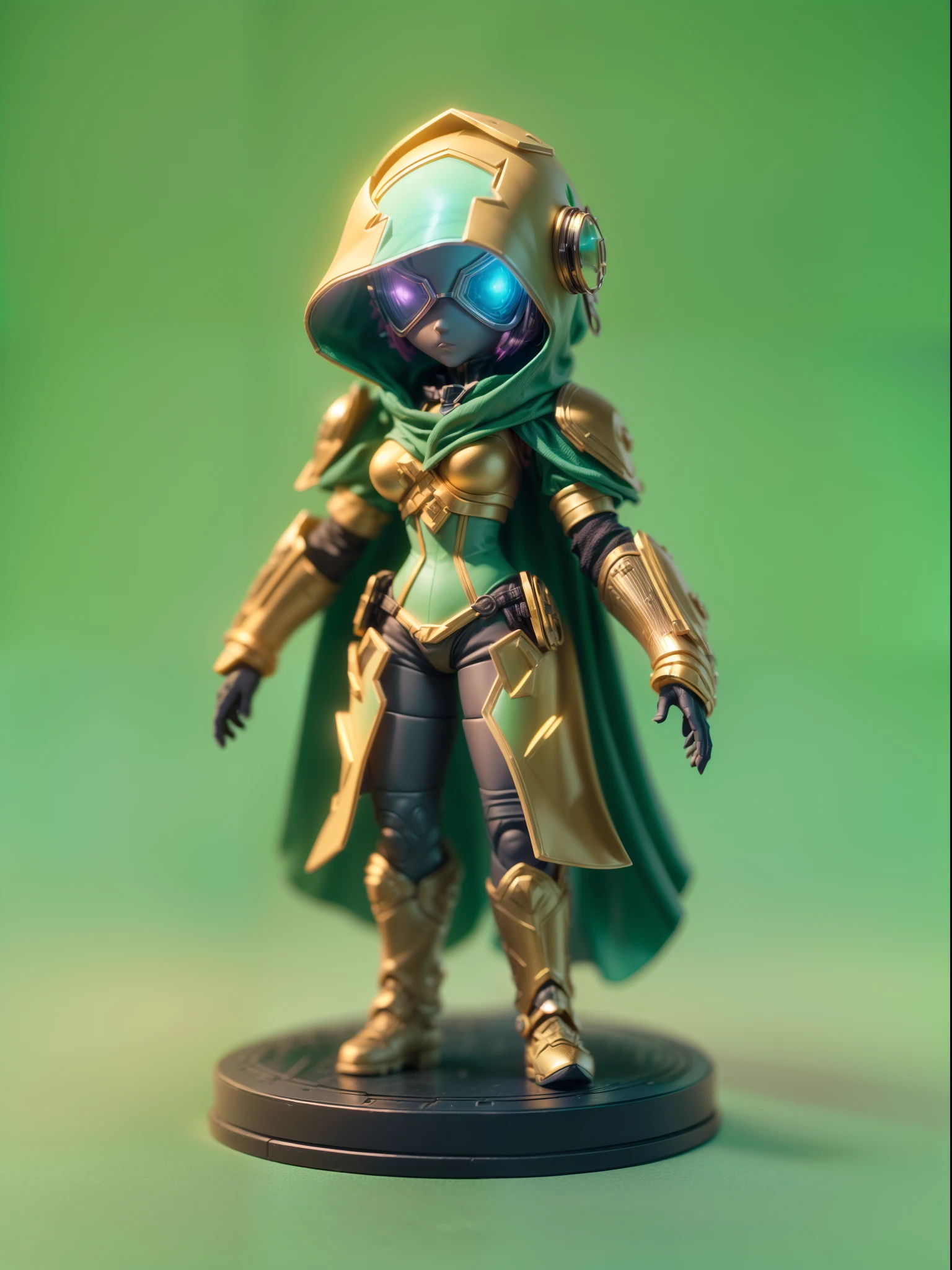 (Blind box toy style:1.3),((Full body shot)) , (1 female mage)(((solo))) plastic armor,Cloth hood,cyberpunk style, dreamy glow, Clean background,gold and green style,(circular base) ( Global illumination, Ray tracing, hdr, unreal render,reasonable design, high detail, Masterpiece, Best quality, hyper HD, Cinematic lighting)