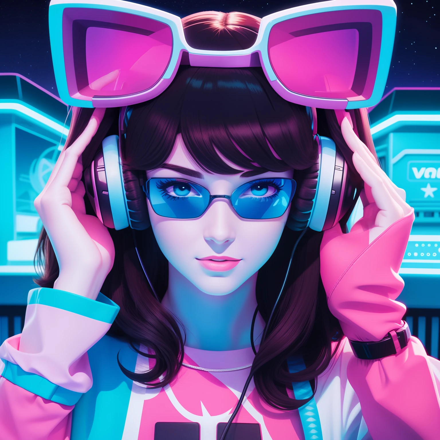 Woman Holding A Virtual Retro Headset At Night, in the style of hustlewave, 1980s, post - internet aesthetics, reefwave, wetcore, transavanguardia, childlike