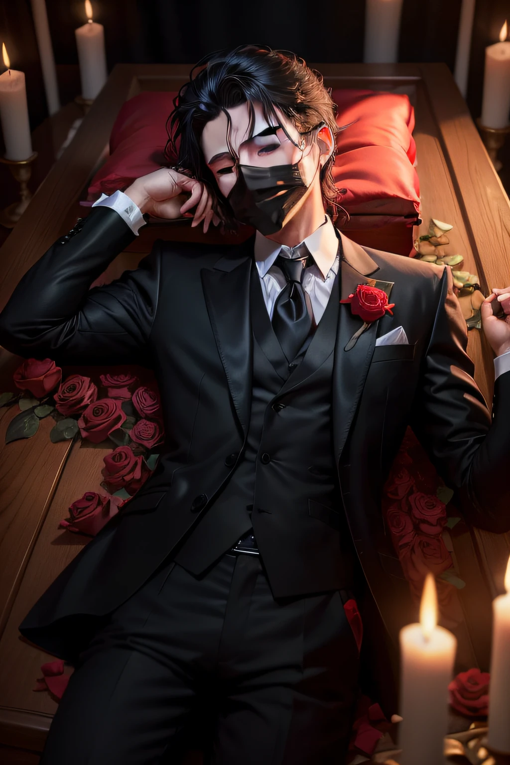 dead man with closed eyes and lying inside the coffin with black tuxedo and black mask covering his face and red rose in his left pocket dark room with candlelight and rose petals over his body