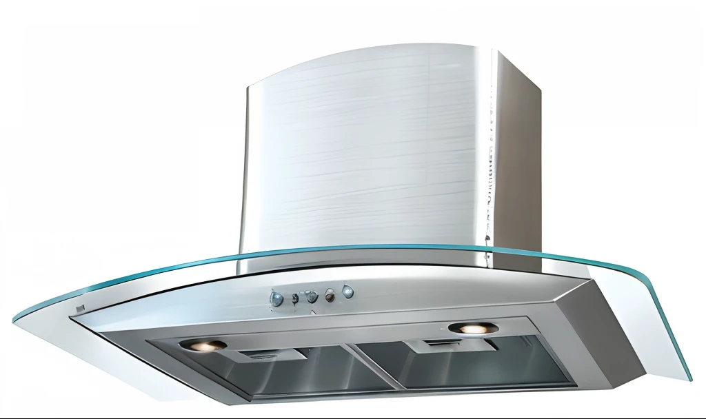 A metal stainless steel brushed range hood, bright，ren，Round cover, stainless steel,  Glossy surface, Precise lines,Modern look, superior detail, made of brushed steel, Top view, Hood, Shiny and crispy, spectacular quality, crisp smooth lines,  halogen, sleek streamlined design