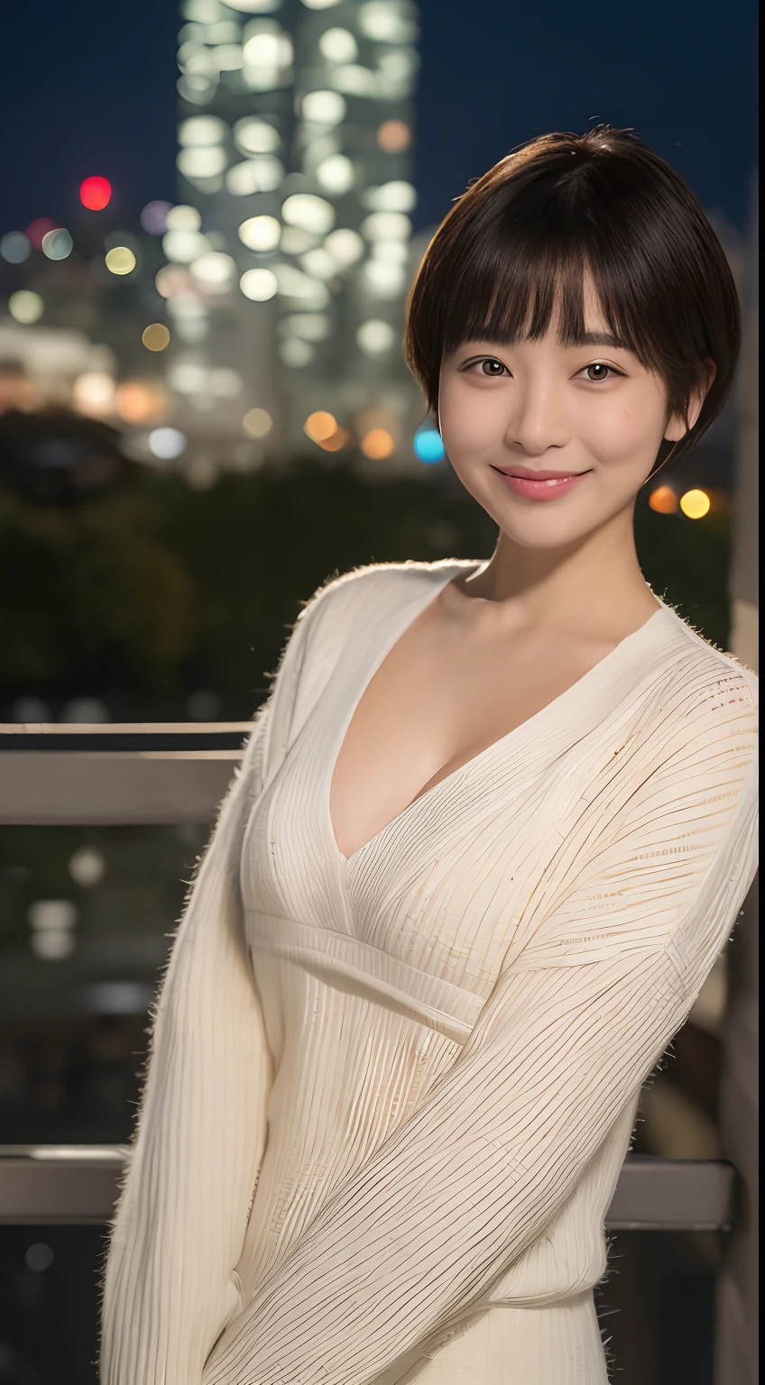 ((top-quality、8K、​masterpiece:1.3))，Ryoko Hirosue in her 20s，a smile，((short-cut))，White Summer Sweater，((tiny chest)))，depth of fields，model shoot tyle，cleavage of the breast，The upper part of the body，sexy  pose，The background is a night view of the city，